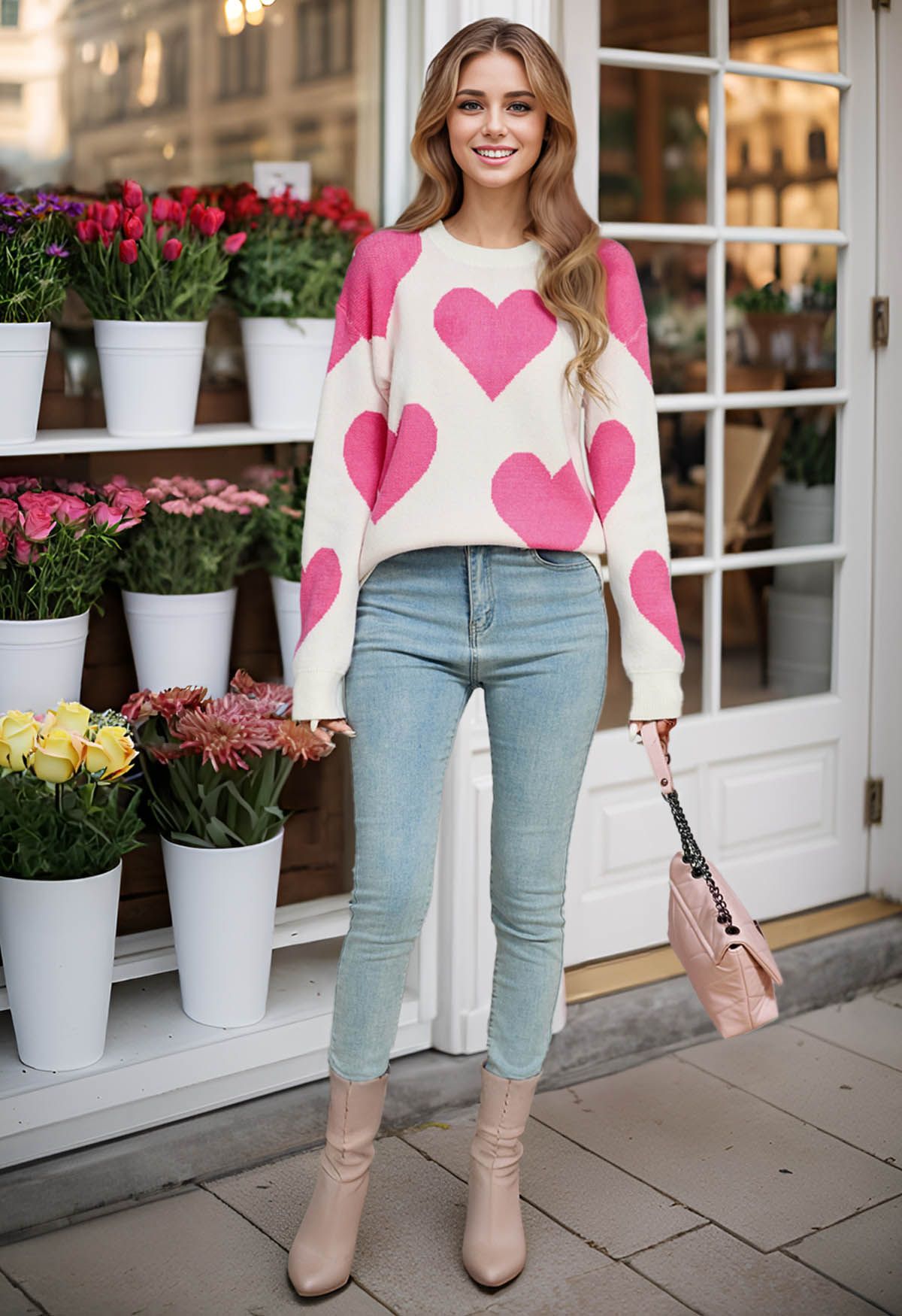 Soulful Heart Crew Neck Knit Sweater in White