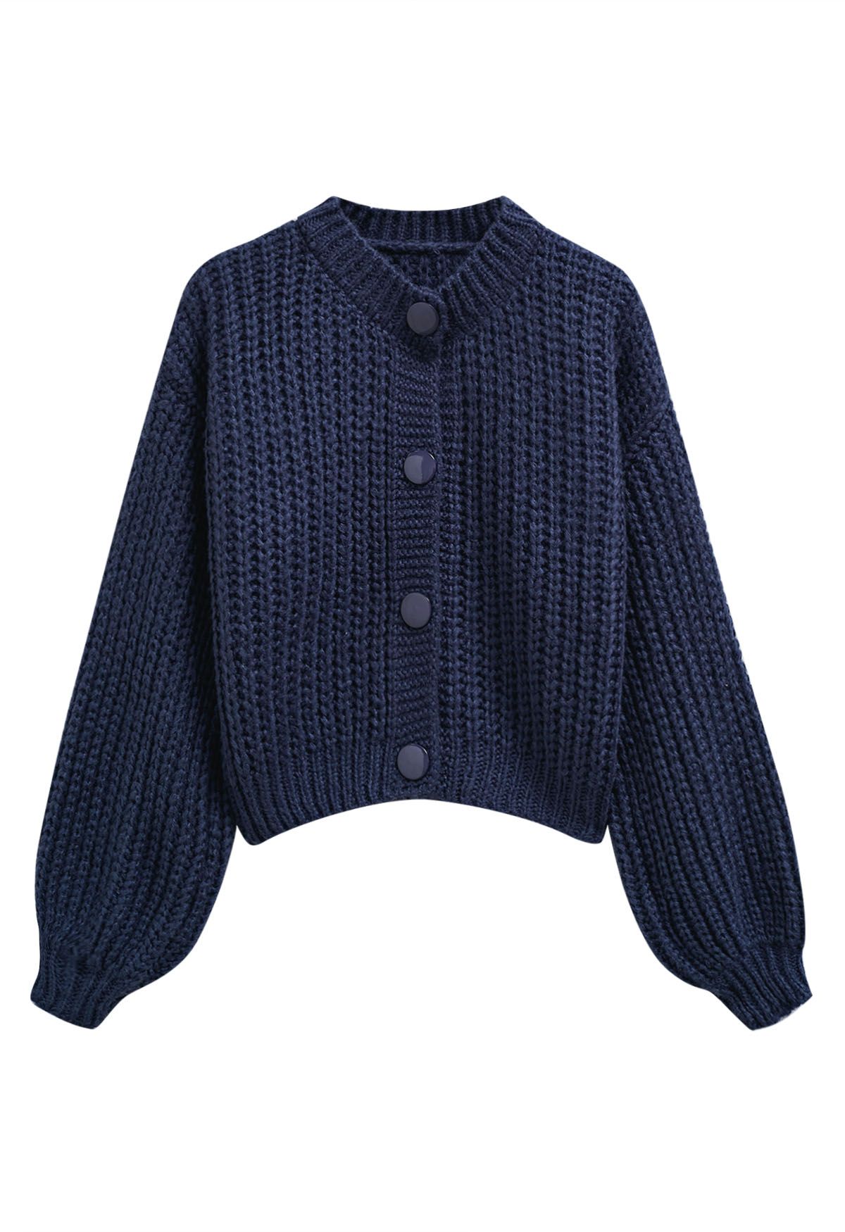 Puff Sleeves Buttoned Crop Chunky Knit Cardigan in Navy