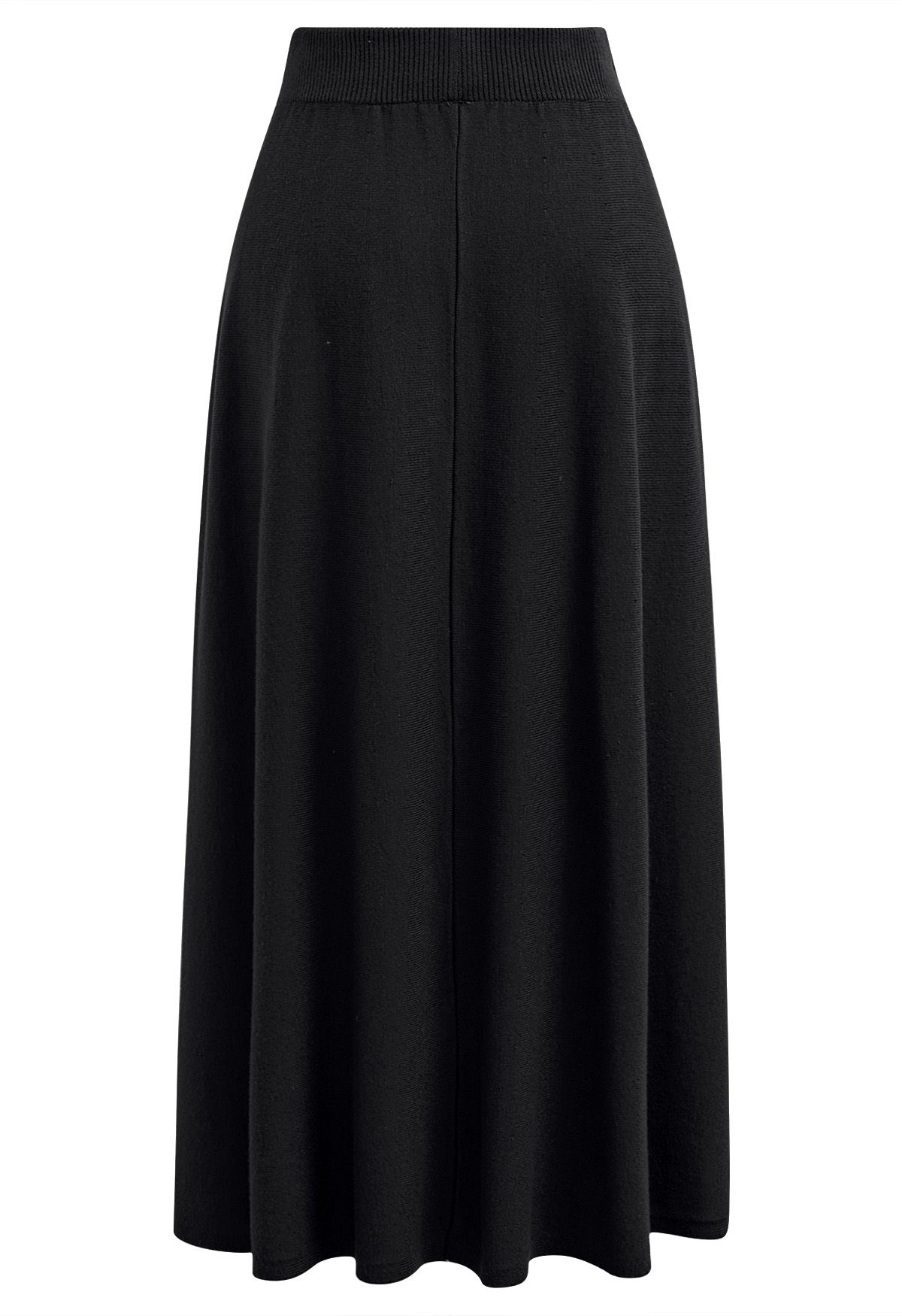 Button Adorned Knit Midi Skirt in Black