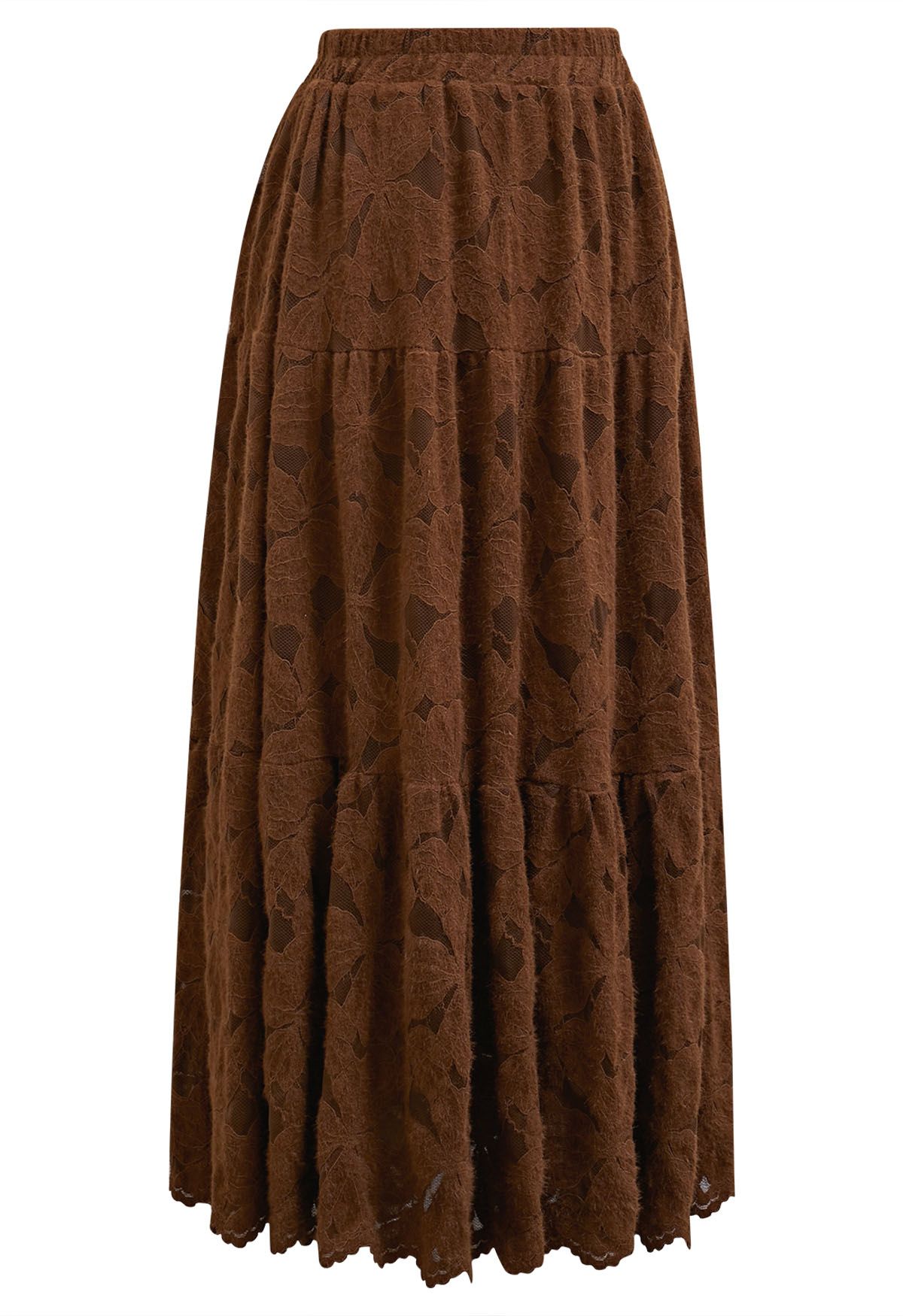 Fuzzy Floral Lace Midi Skirt in Caramel