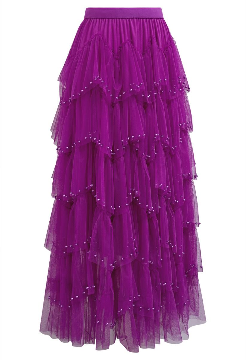 Ethereal Tiered Pearl Tulle Maxi Skirt in Violet