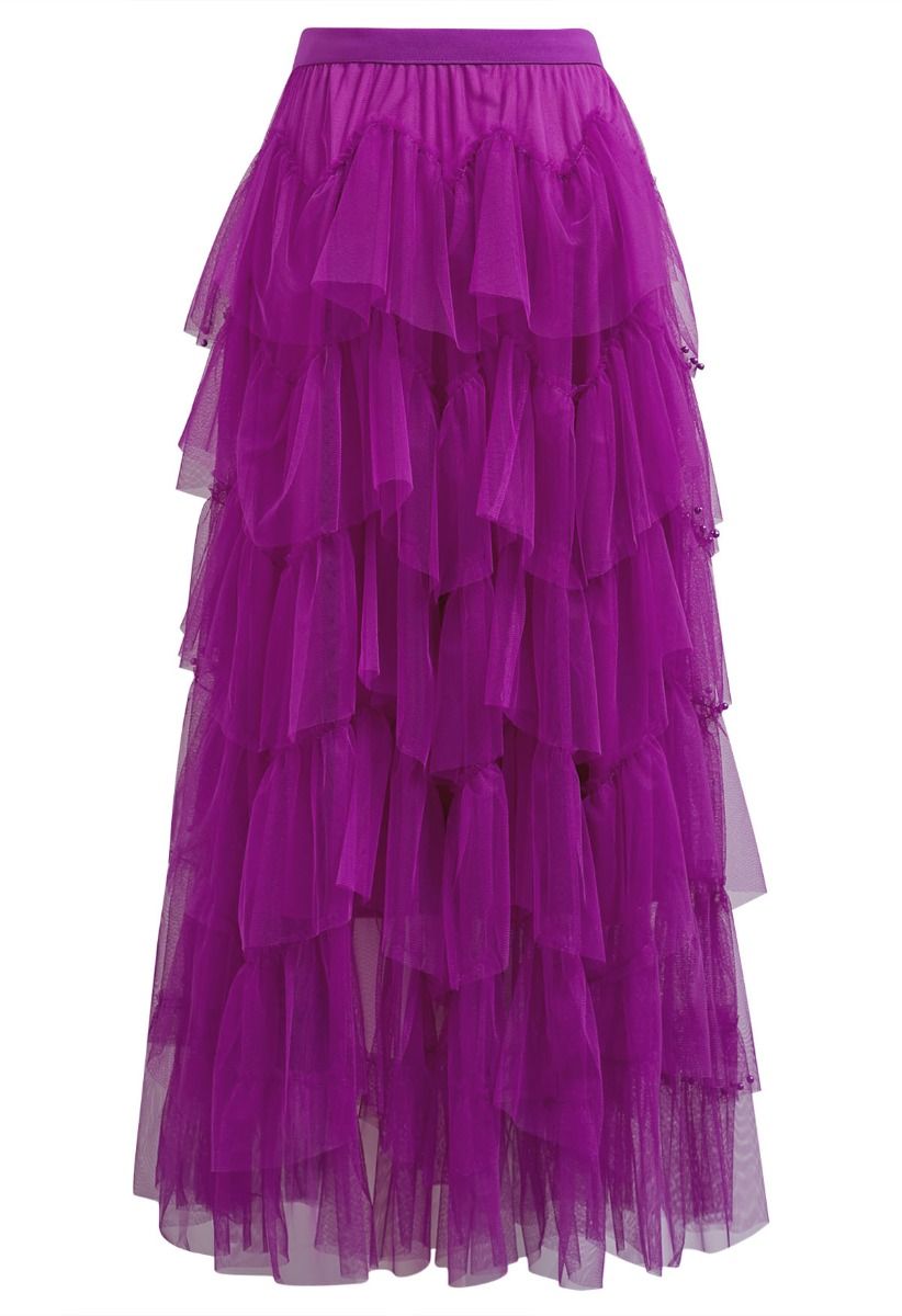 Ethereal Tiered Pearl Tulle Maxi Skirt in Violet