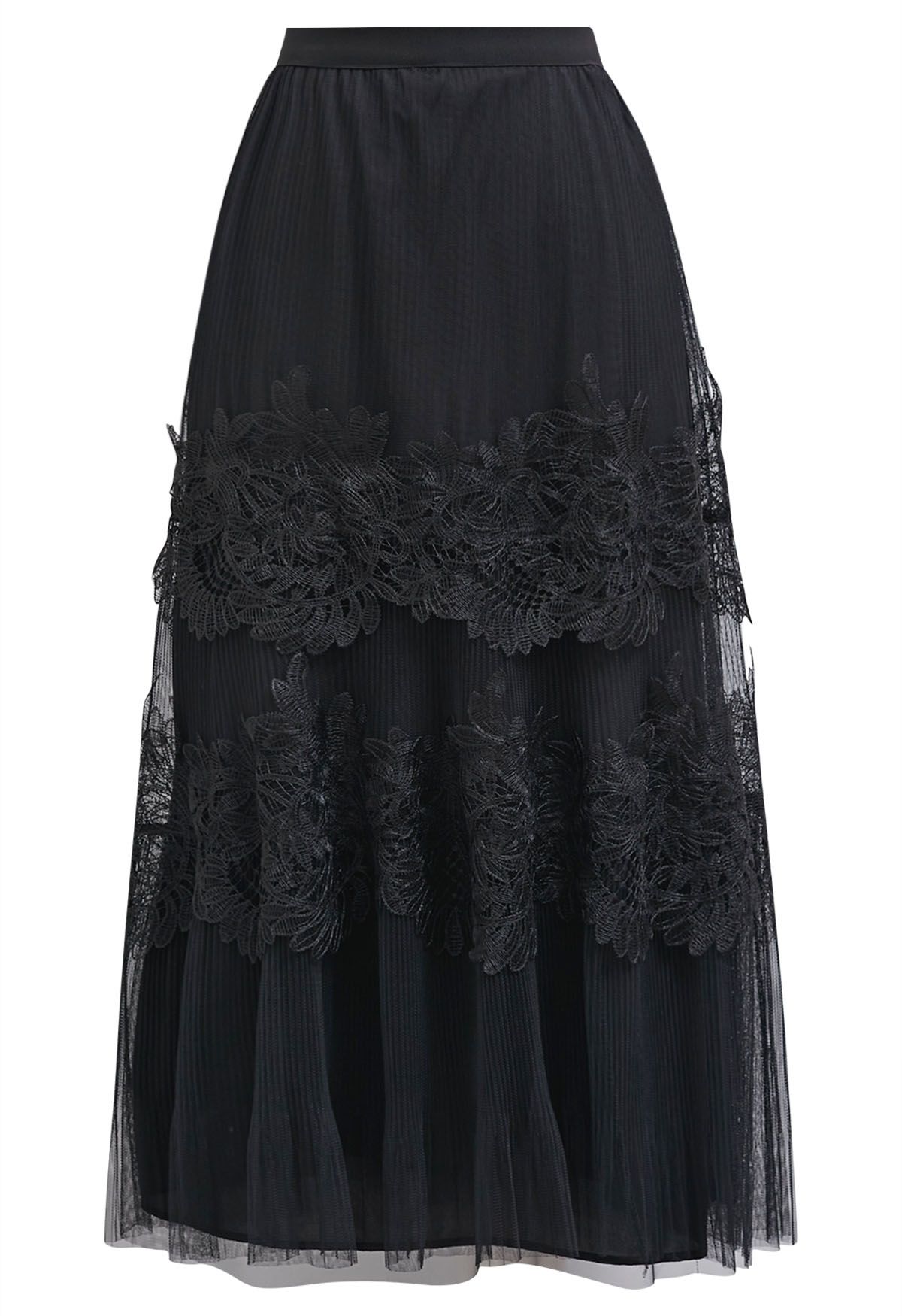 Embroidered Floral Double-Layered Mesh Maxi Skirt in Black