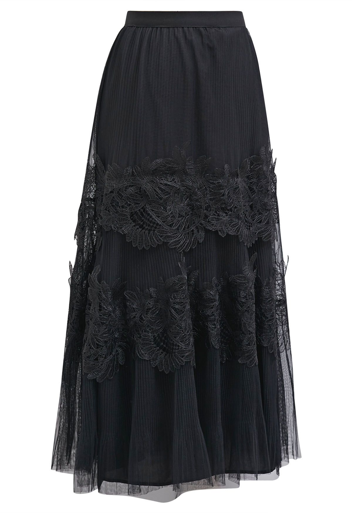 Embroidered Floral Double-Layered Mesh Maxi Skirt in Black