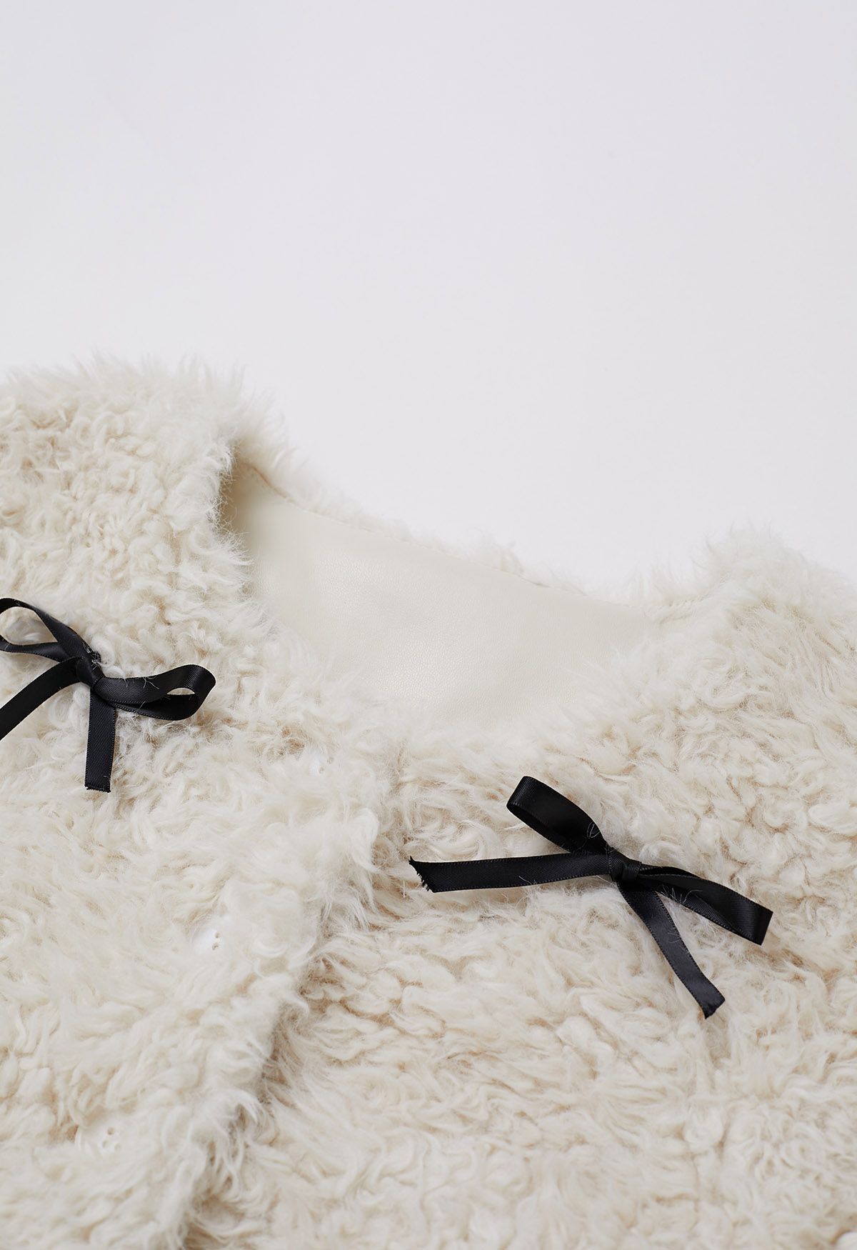 Satin Bowknot Detail Faux Fur Coat in Ivory