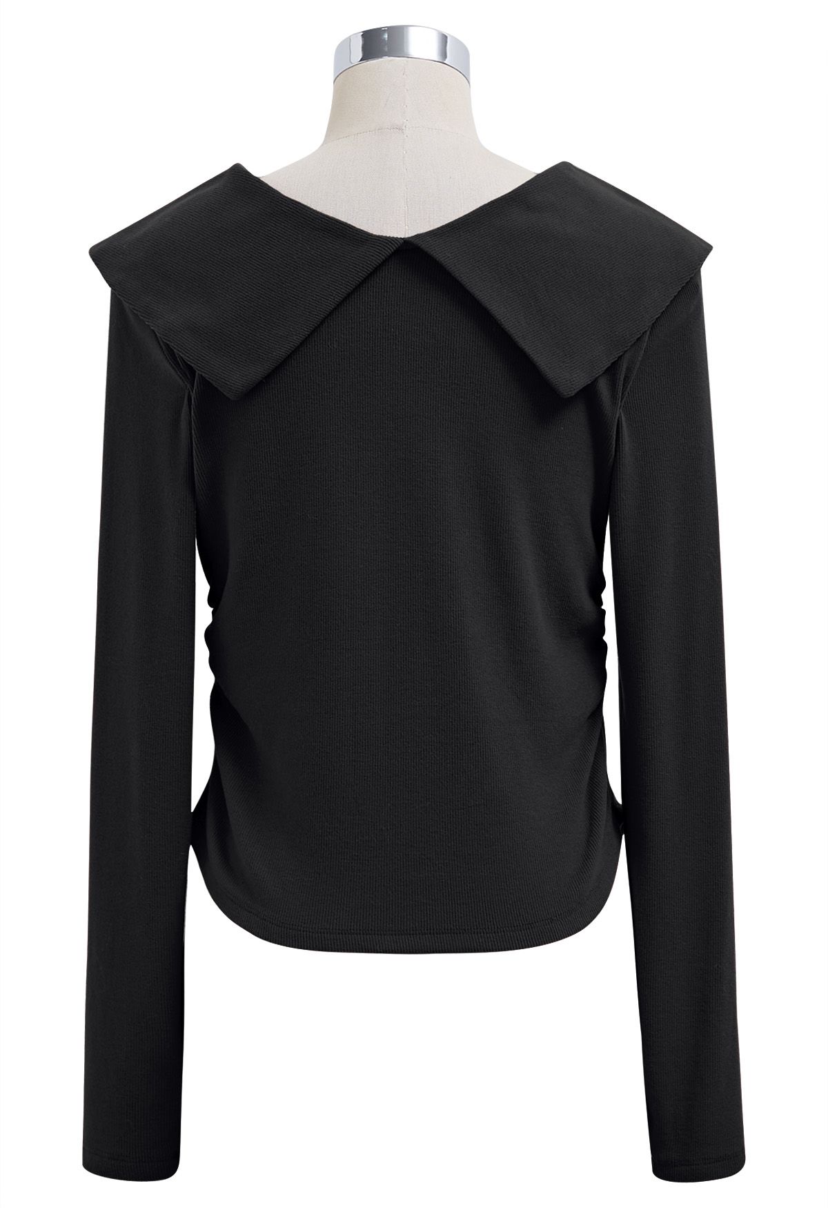 Flap Collar Ruched Side Long Sleeve Top in Black