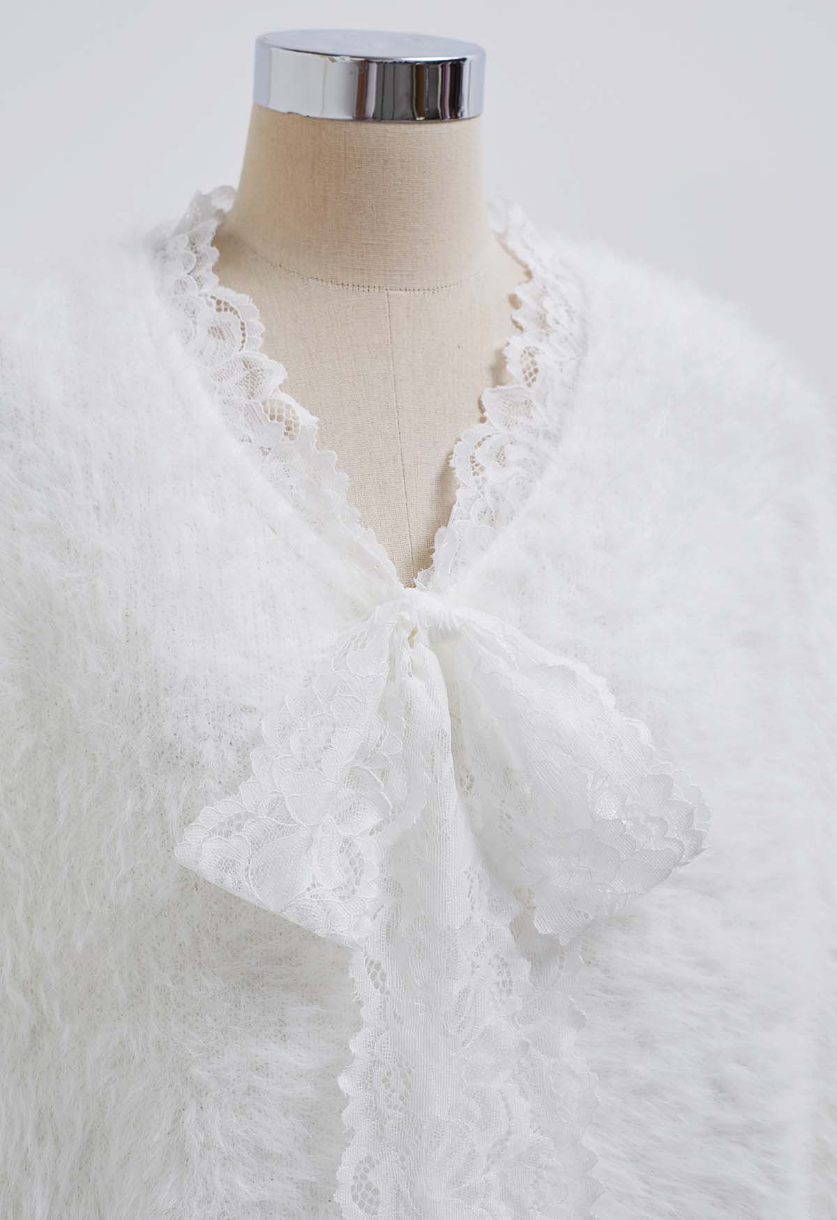 Lace Bowknot Neckline Fluffy Knit Sweater