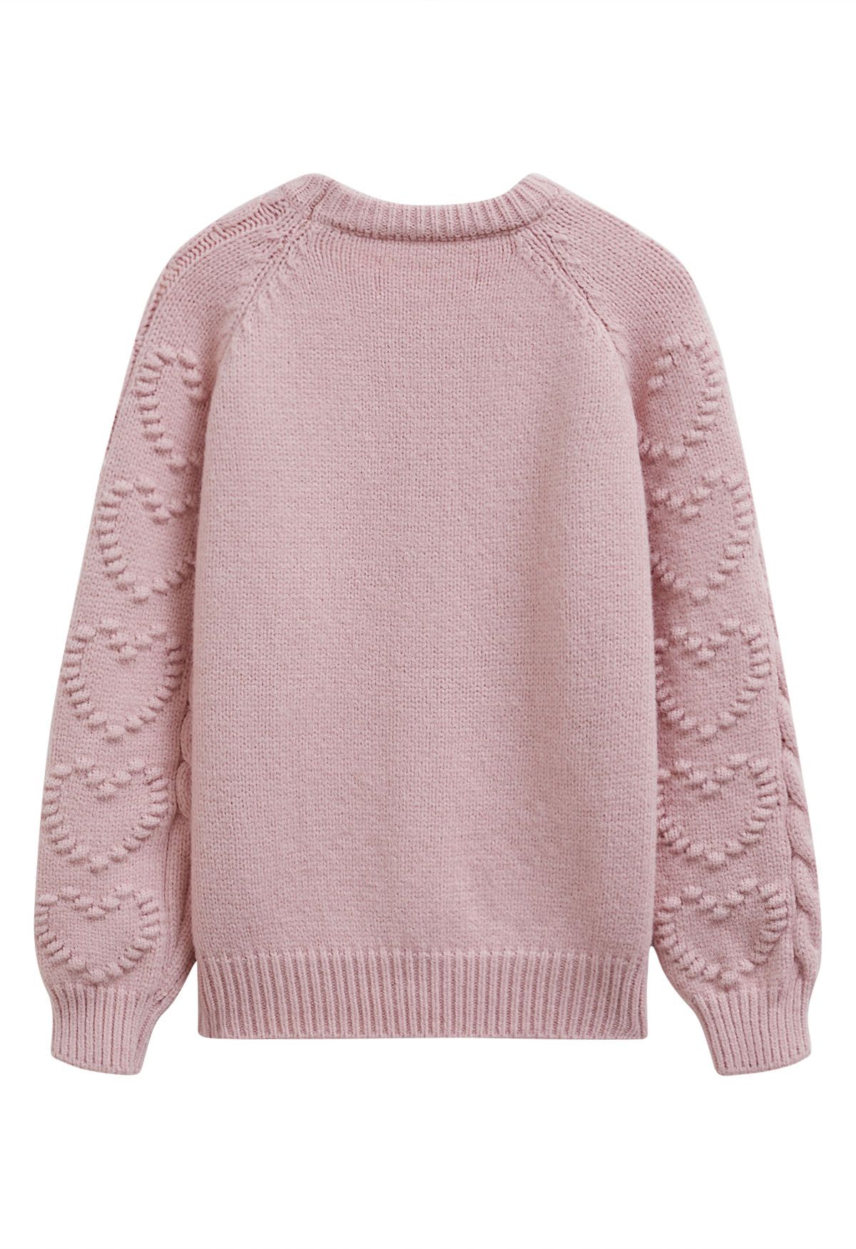 Embossed Heart Cable Knit Sweater in Light Pink