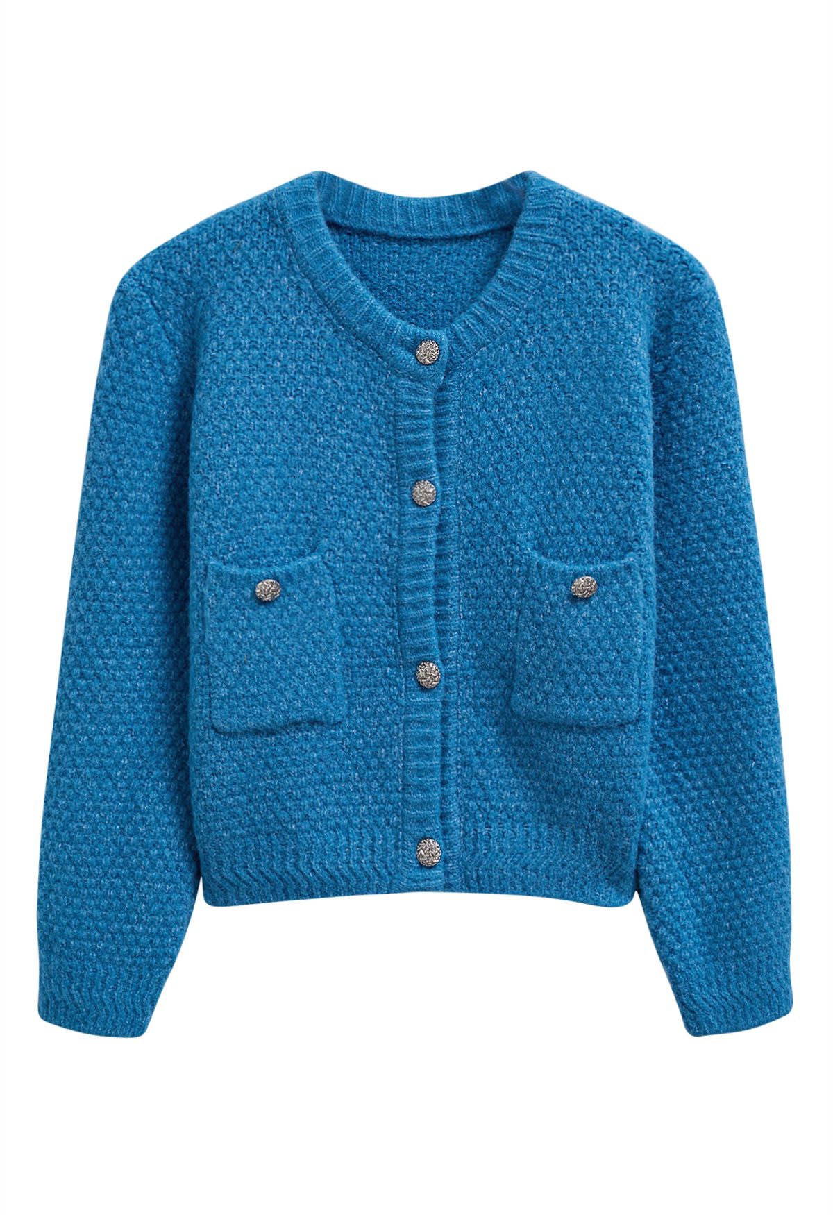 Patch Pocket Buttoned Waffle Knit Cardigan in Indigo