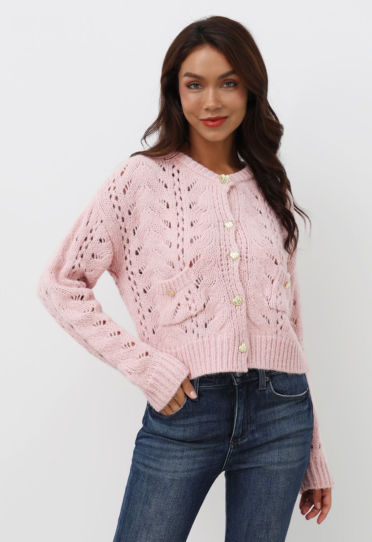 Heart Button Hollow Out Crop Knit Cardigan in Pink