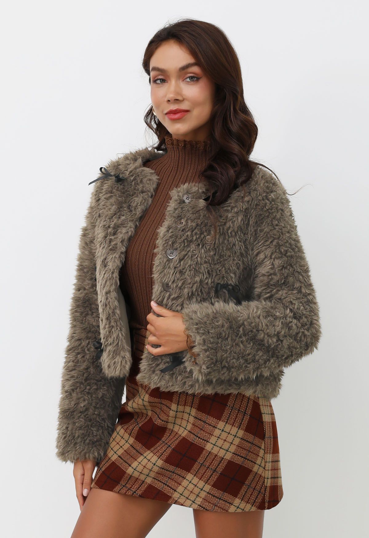 Satin Bowknot Detail Faux Fur Coat in Brown