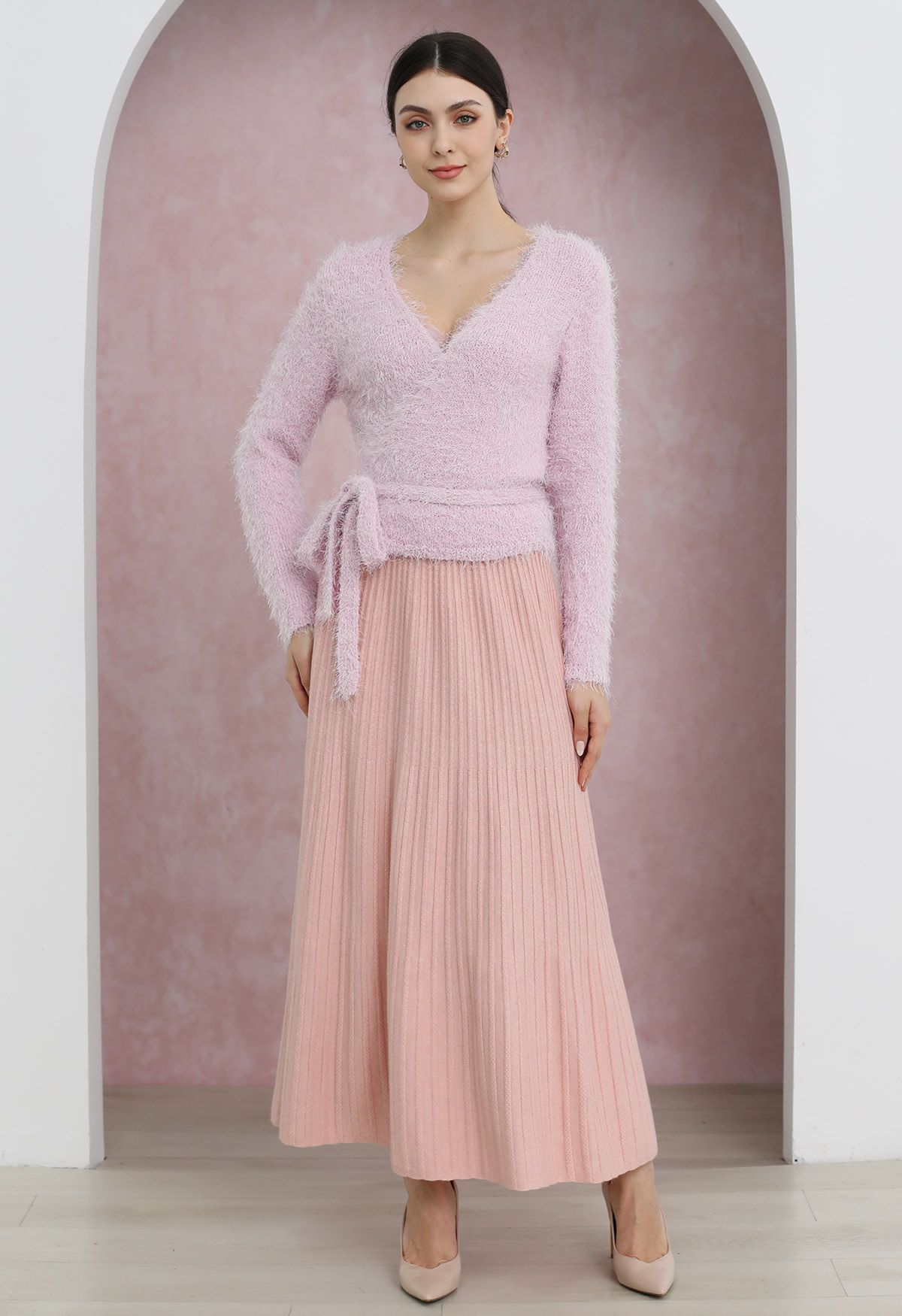 Gentle Touch Ribbed Knit Maxi Skirt in Light Pink