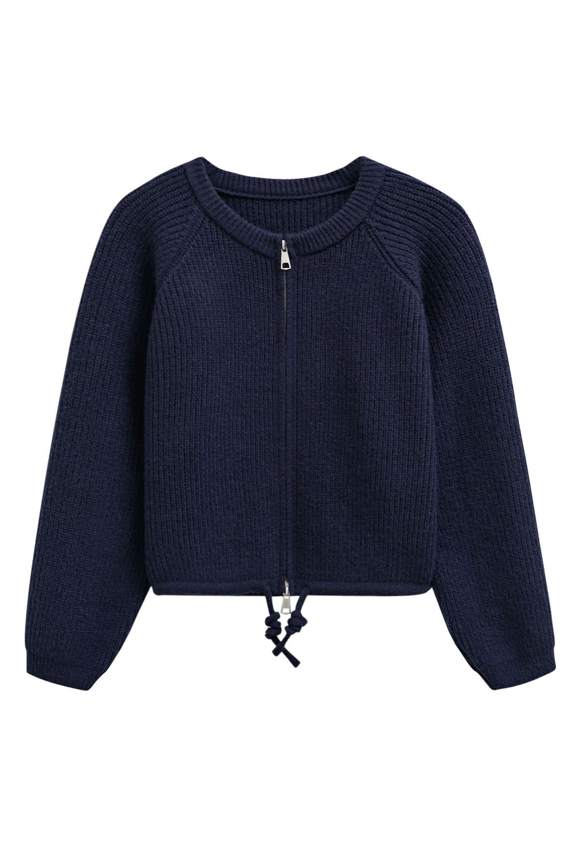 Drawstring Zipper Ribbed Knit Cardigan in Navy