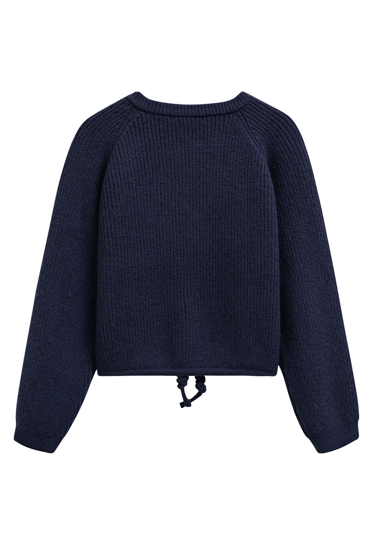 Drawstring Zipper Ribbed Knit Cardigan in Navy