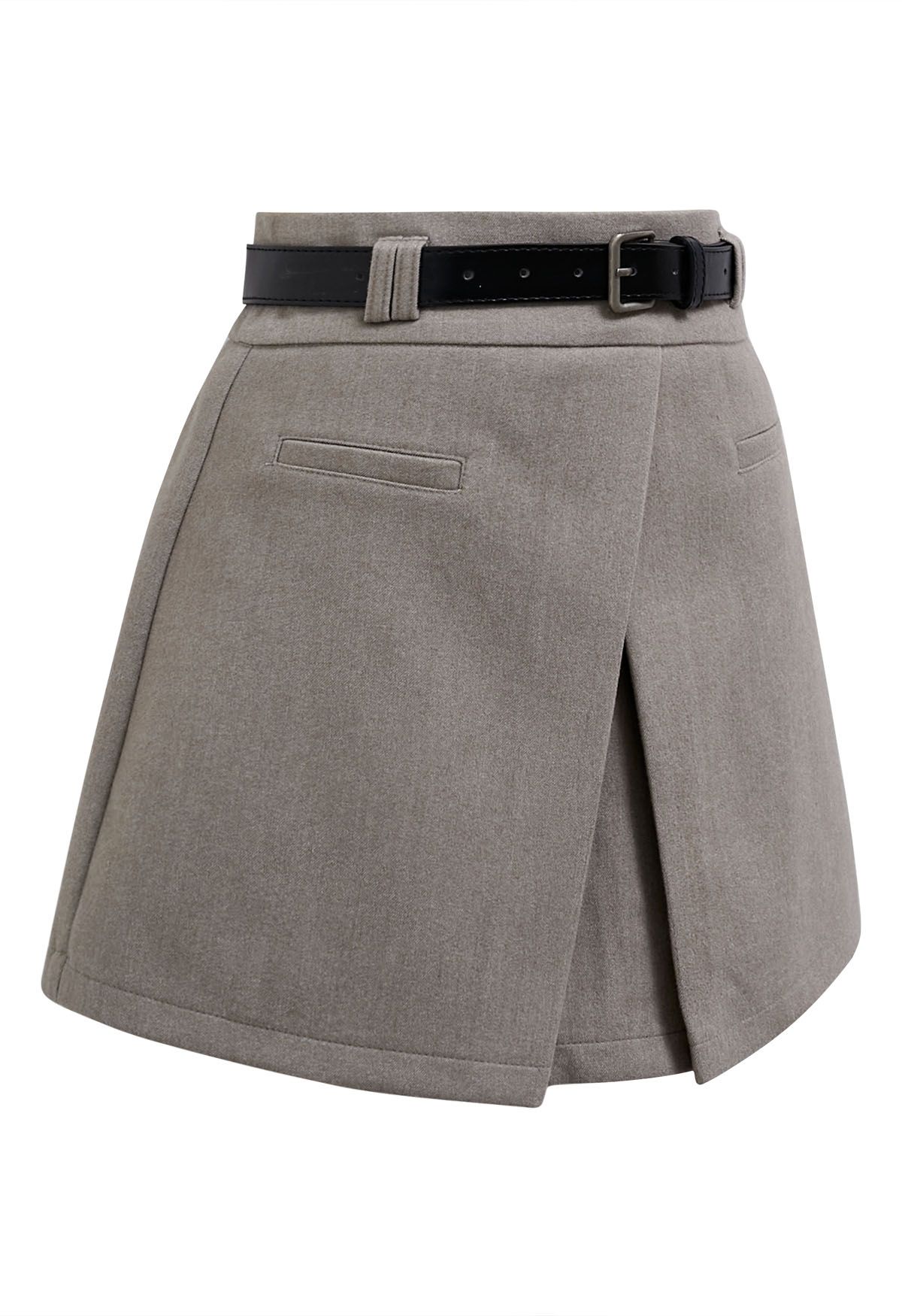 Fake Pockets Belted Flap Skorts in Taupe