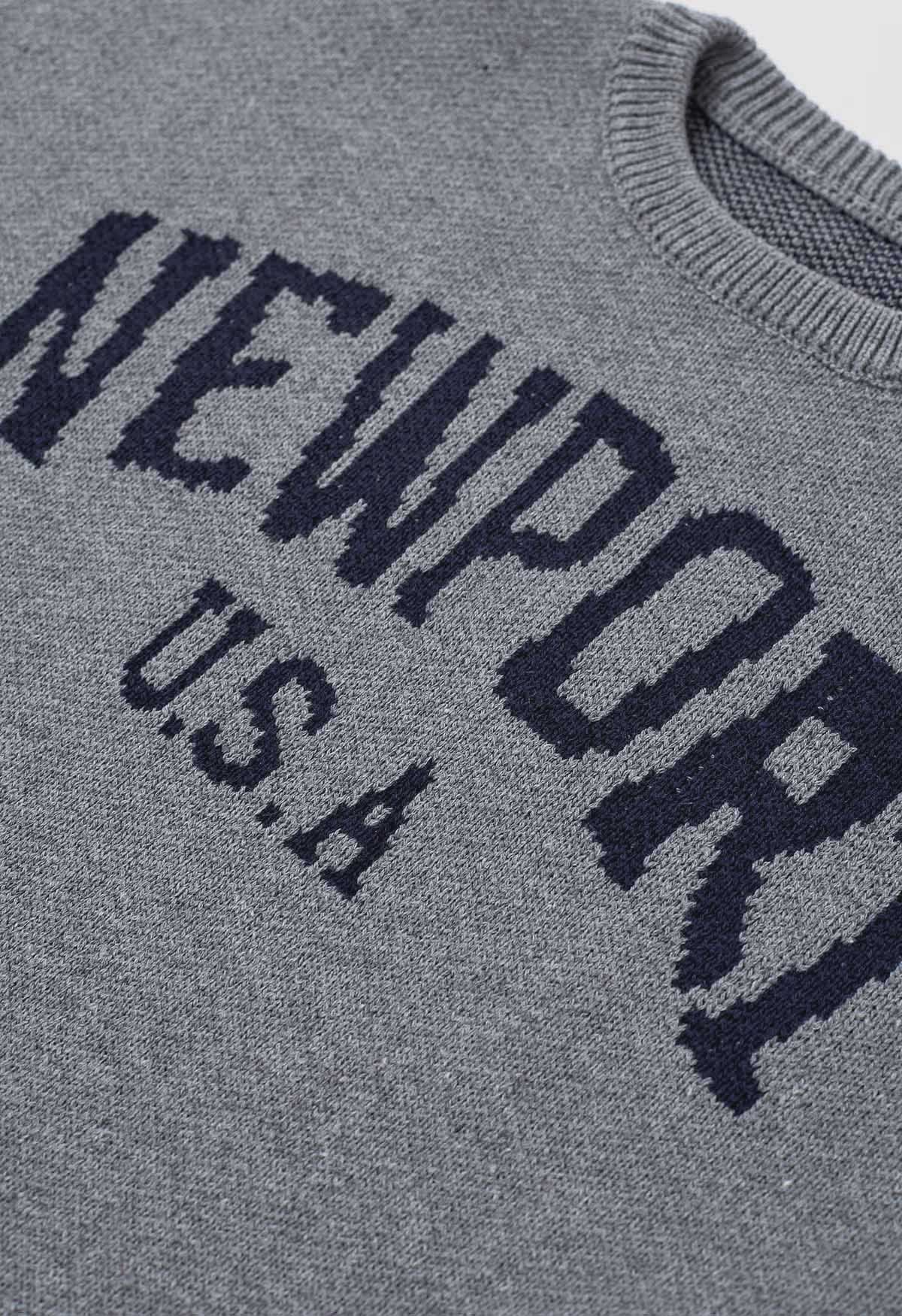 Newport Letter Crew Neck Oversized Knit Sweater in Grey