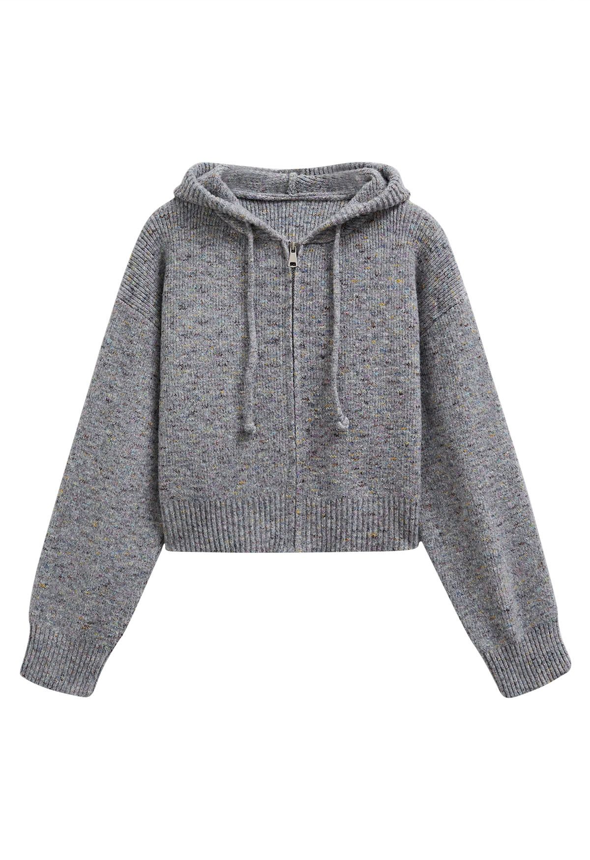 Zipper Drawstring Hooded Confetti Knit Cardigan in Grey