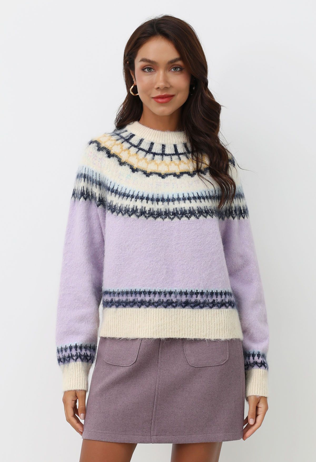 Multicolored Fair Isle Fuzzy Knit Sweater in Lilac