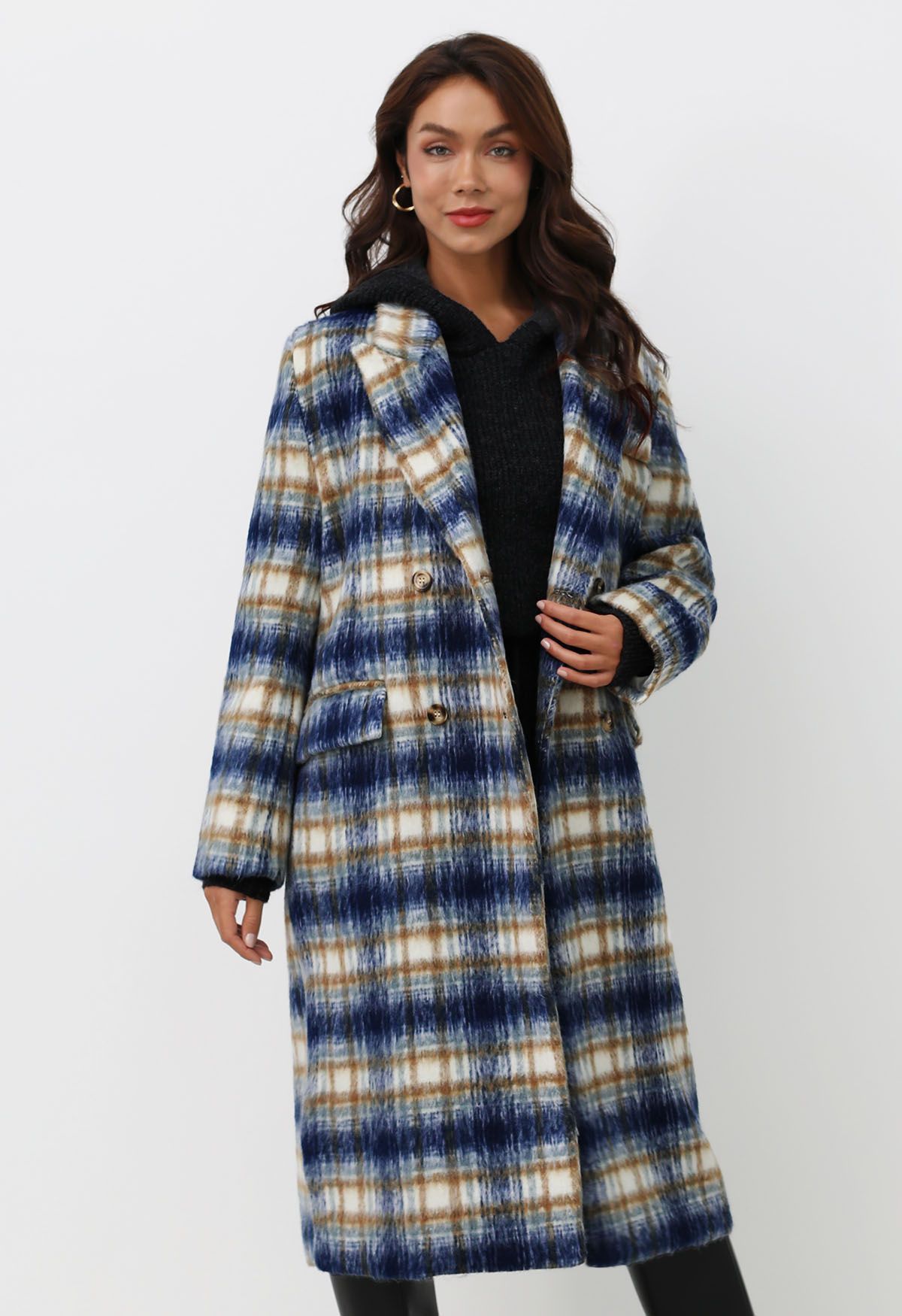 Peak Lapel Buttoned Plaid Fuzzy Coat in Indigo