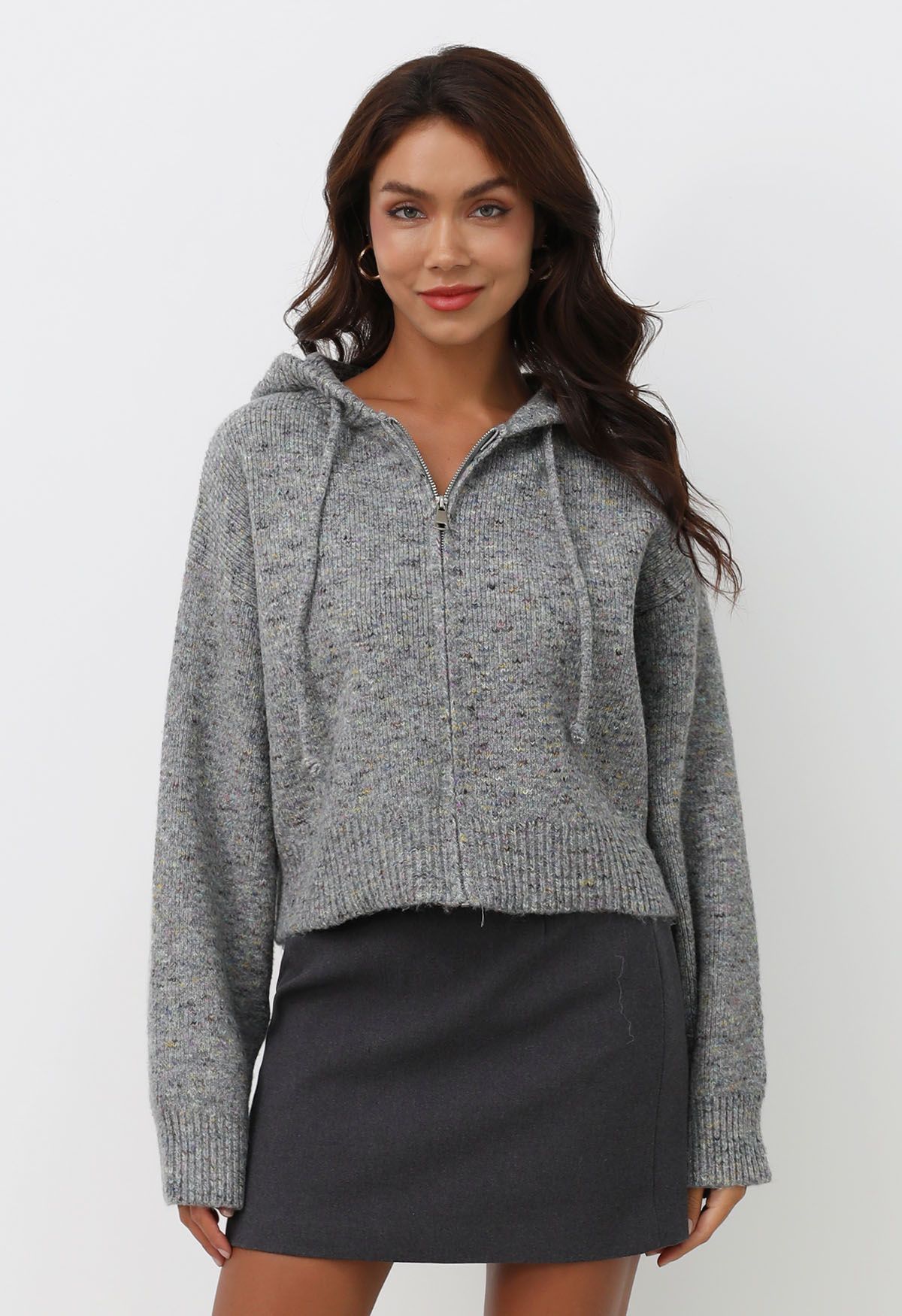 Zipper Drawstring Hooded Confetti Knit Cardigan in Grey