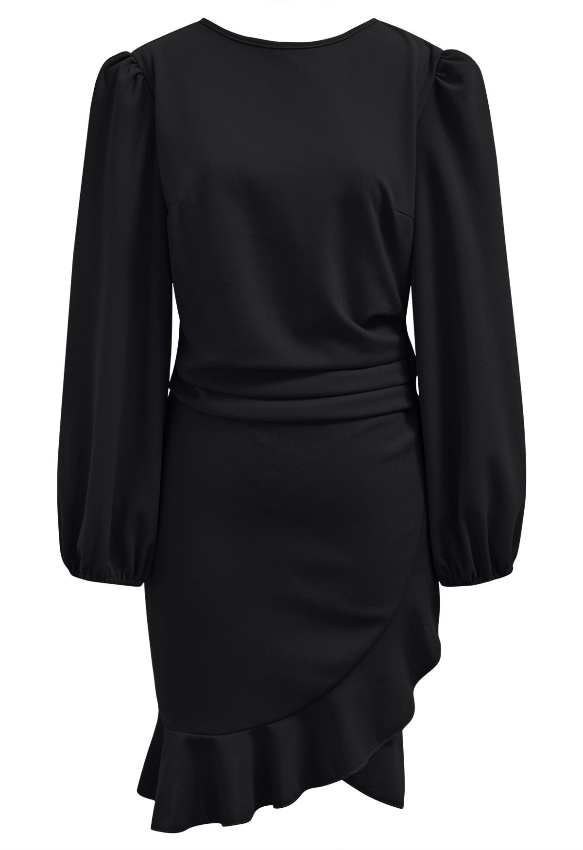 Ruched Side Ruffle Tulip Mini Dress in Black