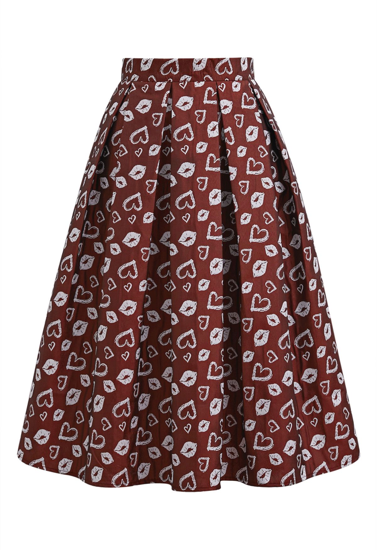 Fiery Lips and Heart Box Pleat Midi Skirt