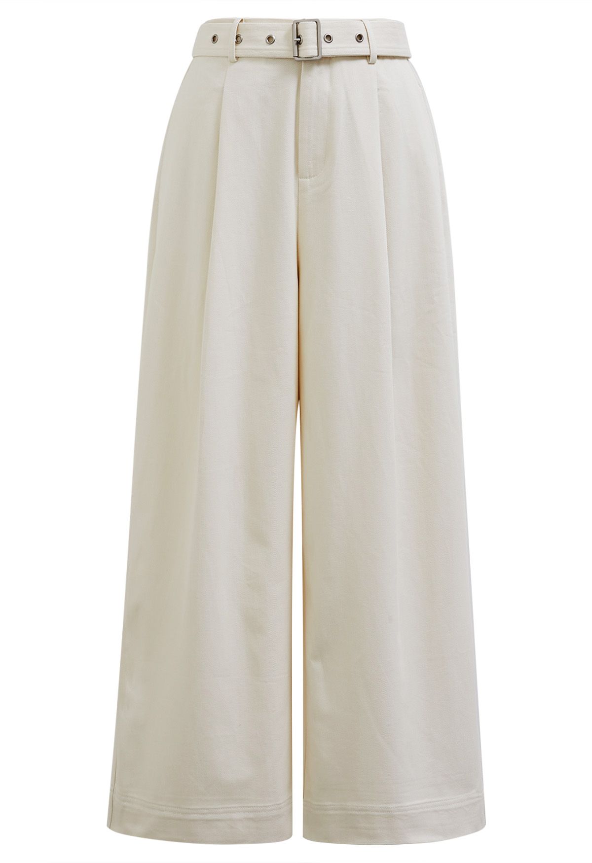 Urban-Casual Pleats Wide-Leg Pants with Belt in Ivory