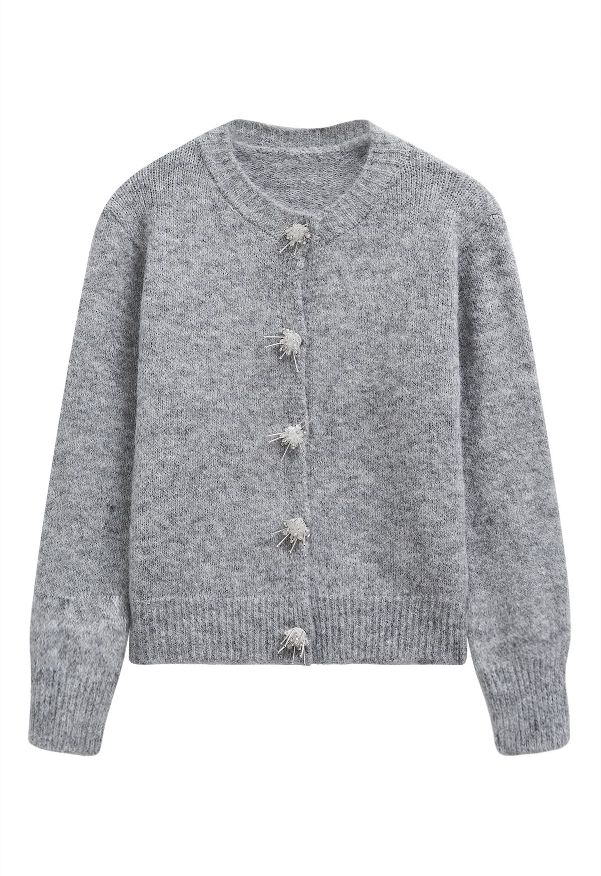 Starburst Rhinestone Snap Button Fuzzy Knit Cardigan in Grey