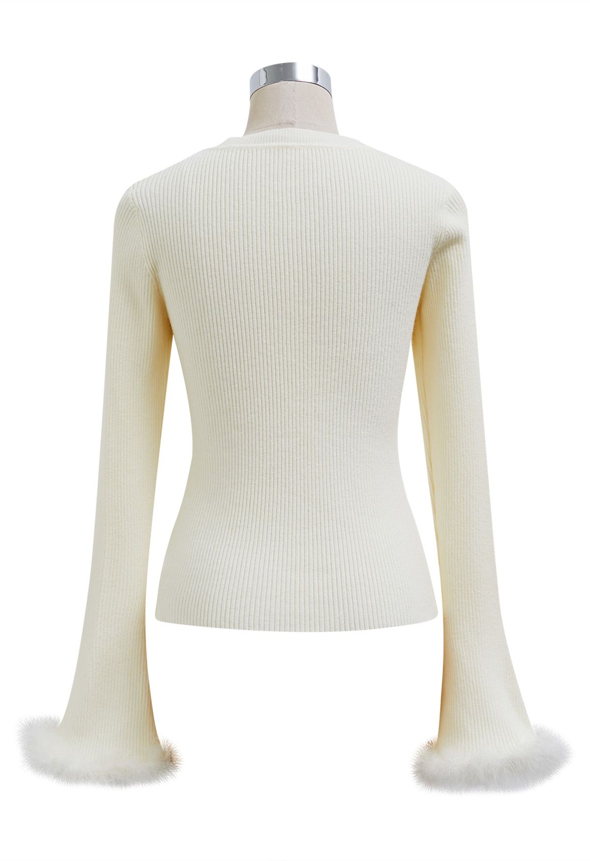 Feather Trim Cuff Golden Button Knit Top in Cream