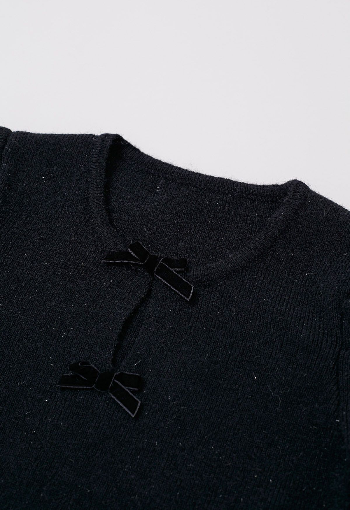 Dainty Bow Lace Cuff Knit Top in Black