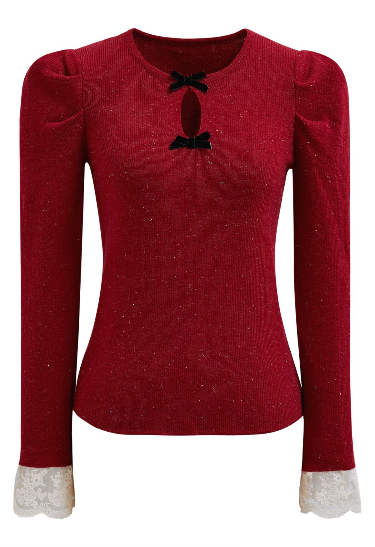 Dainty Bow Lace Cuff Knit Top in Red