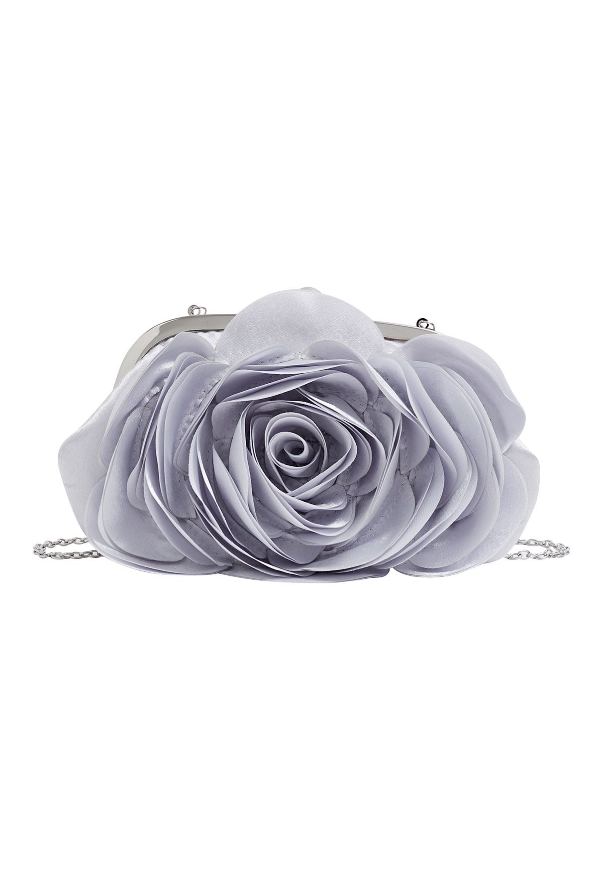 3D Rose Petal Satin Clutch in Silver