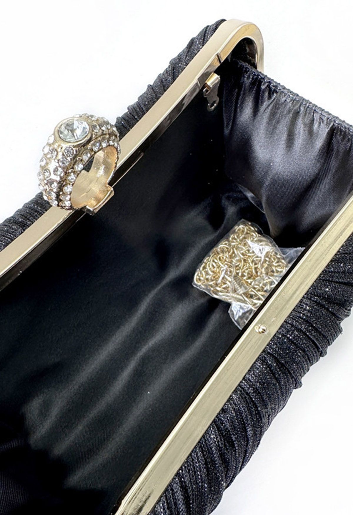 Ornate Pleated Rhinestone Clutch in Black