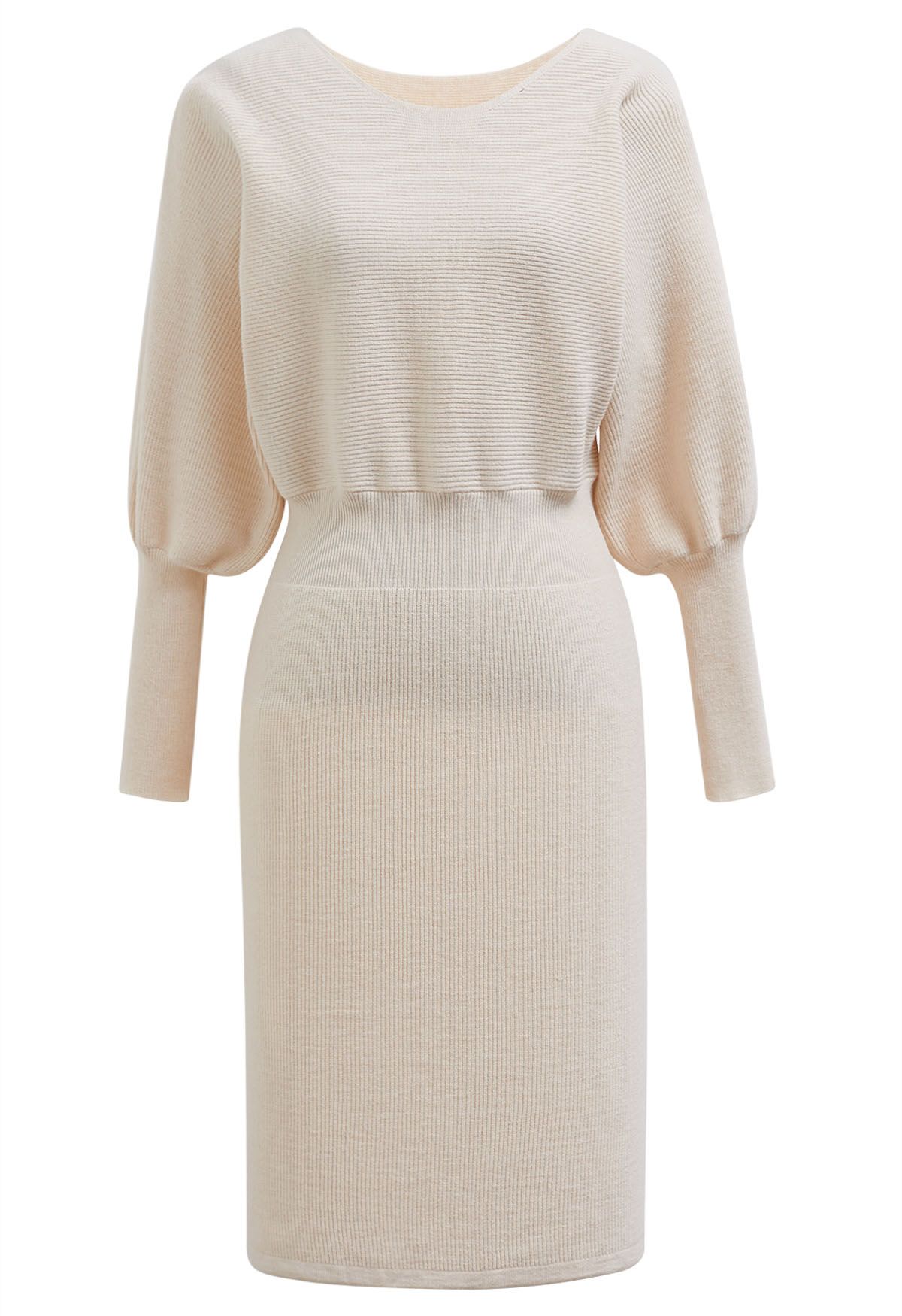 Batwing Sleeves Cinched Waist Knit Dress in Cream