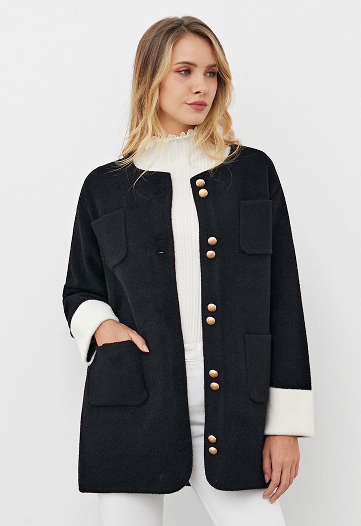 Contrast Cuffs Patch Pockets Buttoned Knit Coat in Black