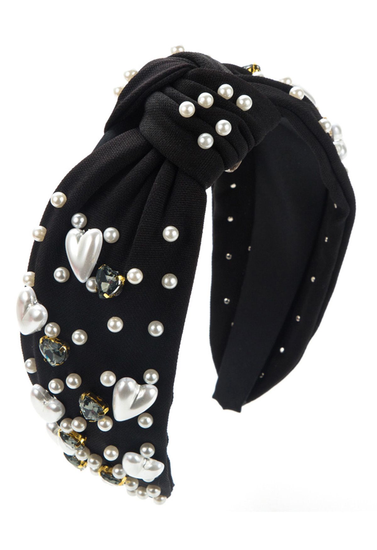 Heart Rhinestone Pearl Knotted Headband in Black