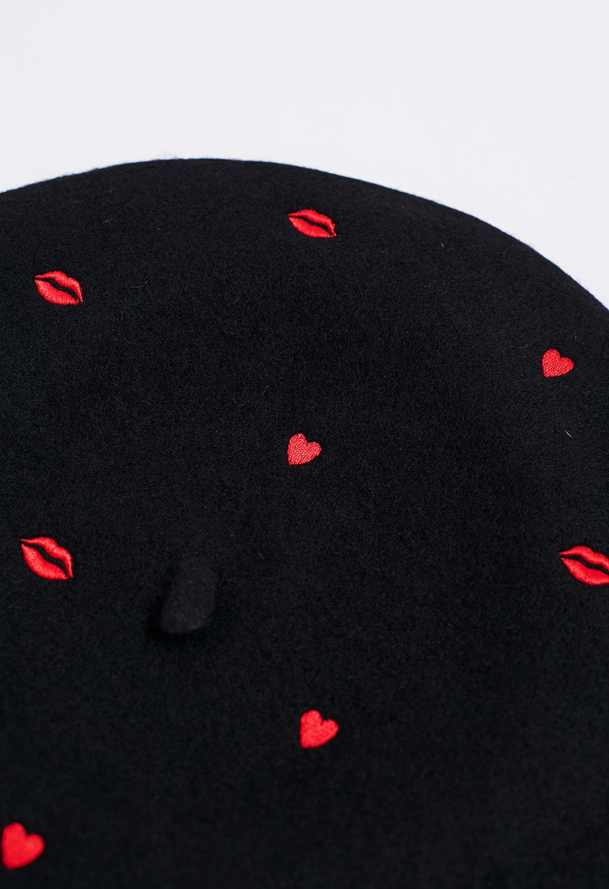 Lips and Hearts Wool-Blend Beret in Black