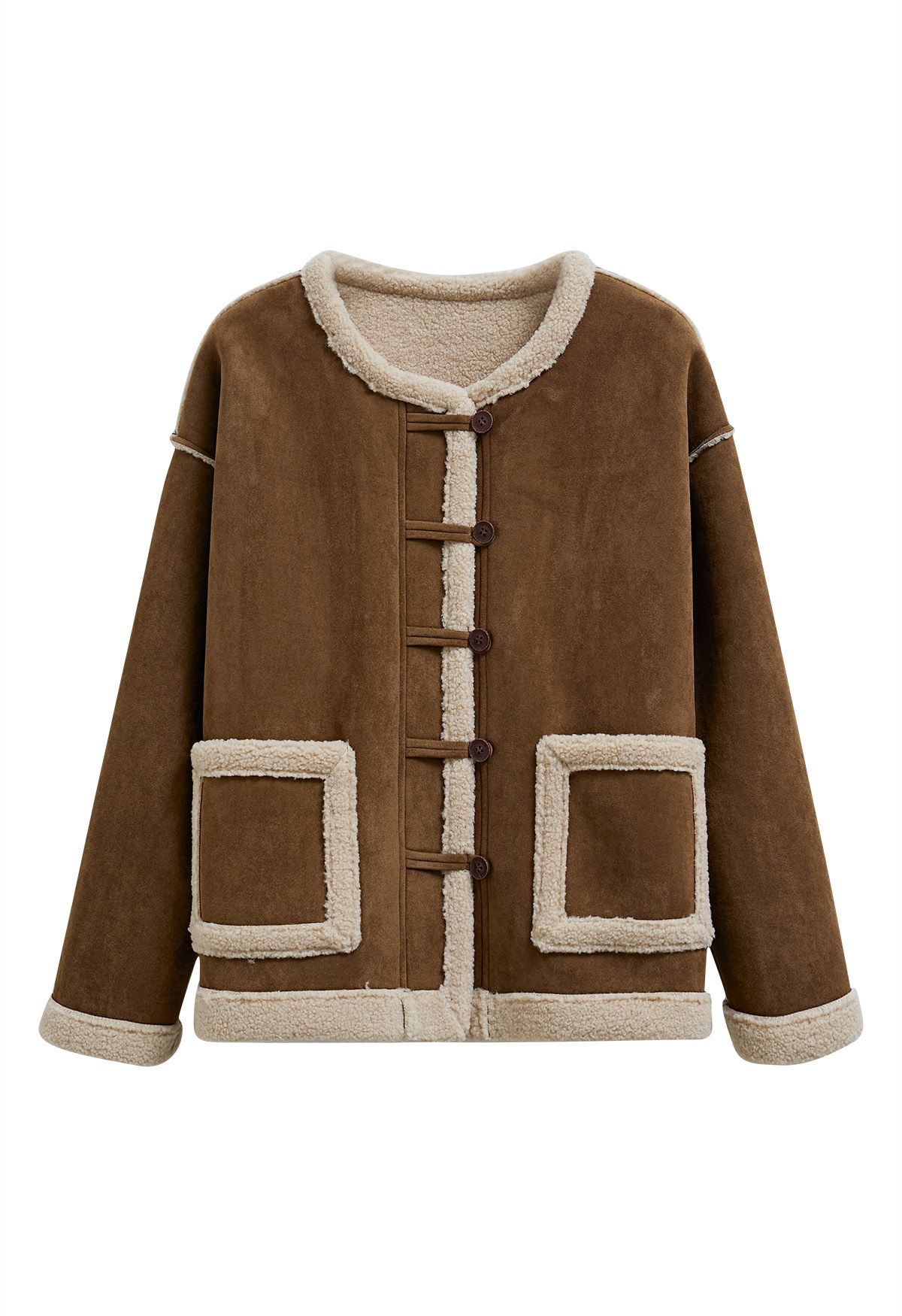 Faux Suede Spliced Sherpa Buttoned Coat in Brown