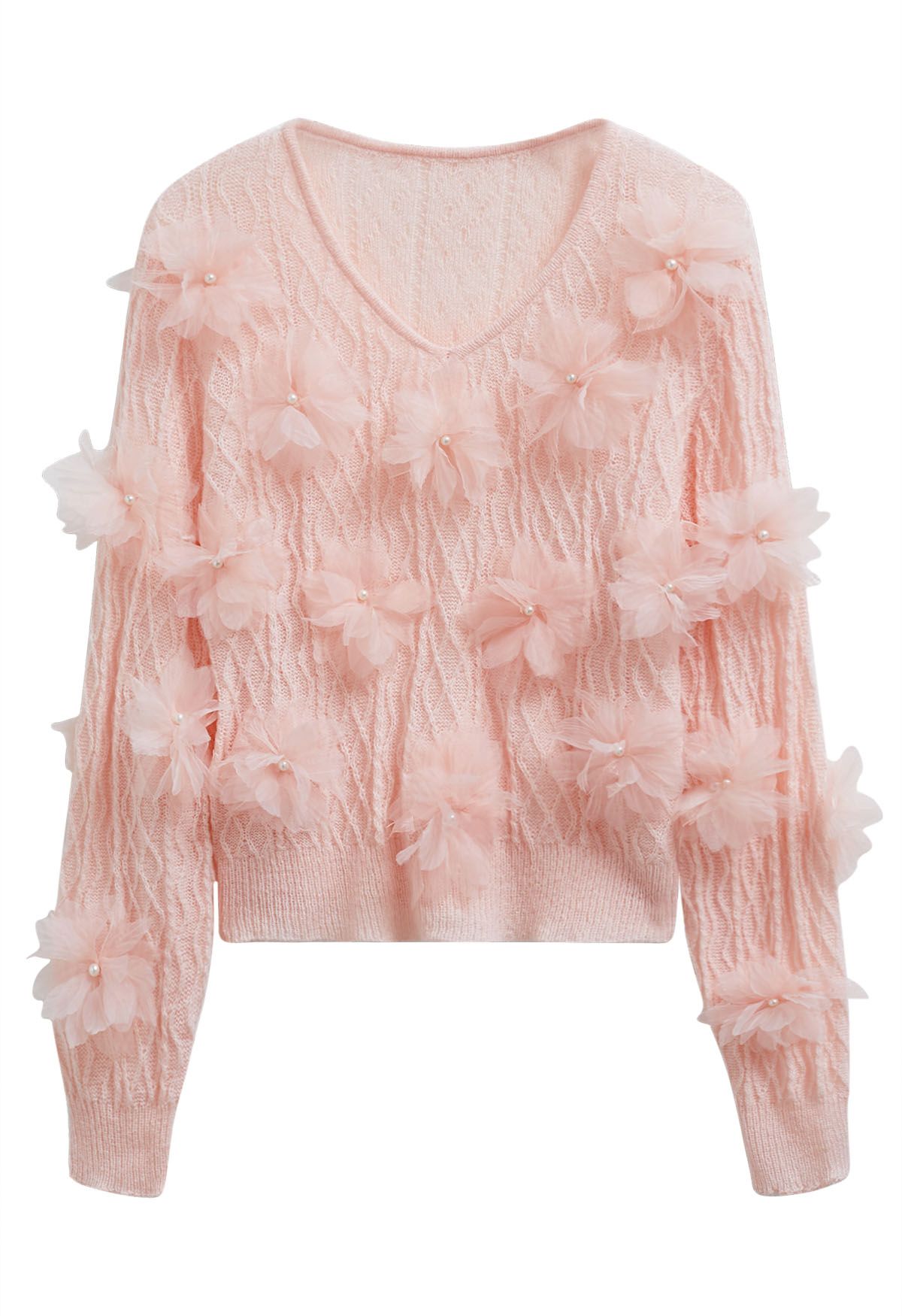 3D Pearl Mesh Flower Embellished Knit Top in Light Pink