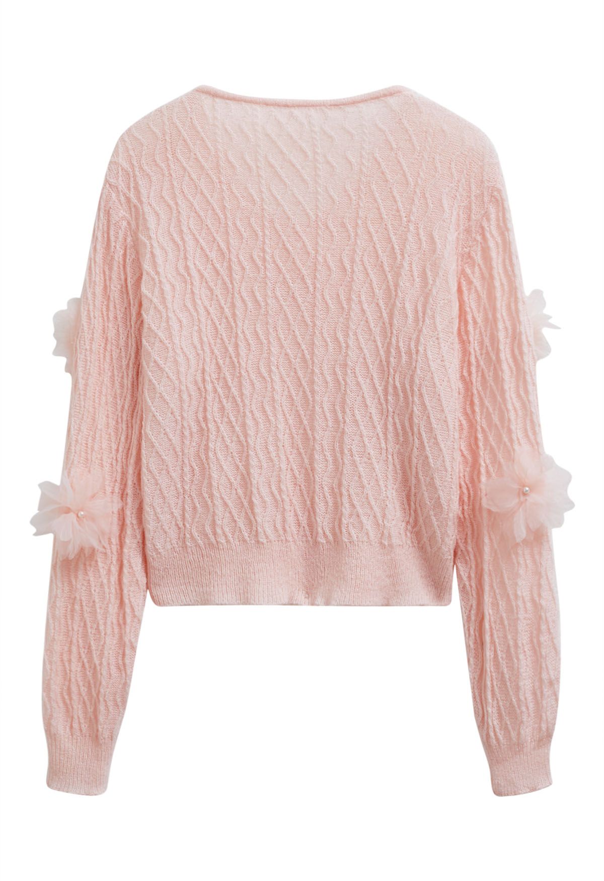 3D Pearl Mesh Flower Embellished Knit Top in Light Pink