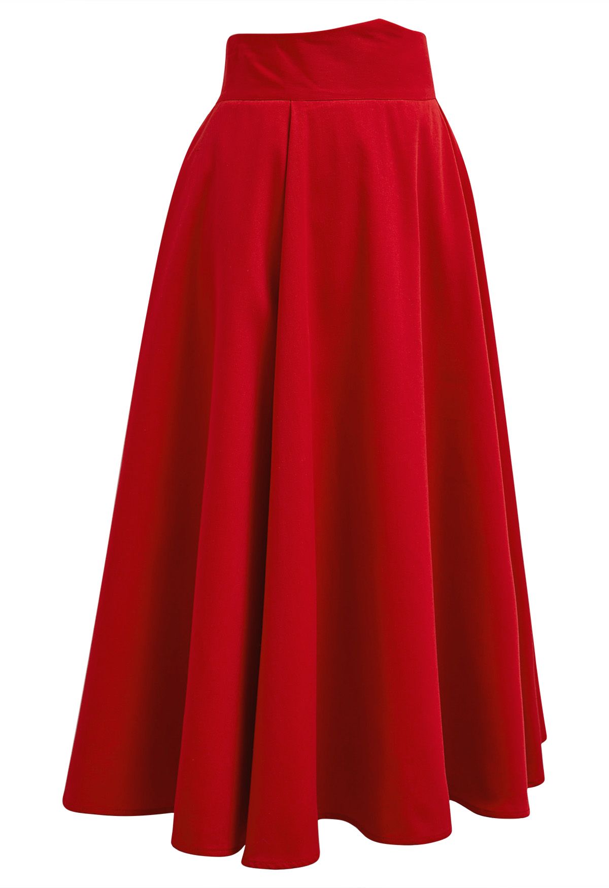 Solid Red High-Waist A-Line Midi Skirt