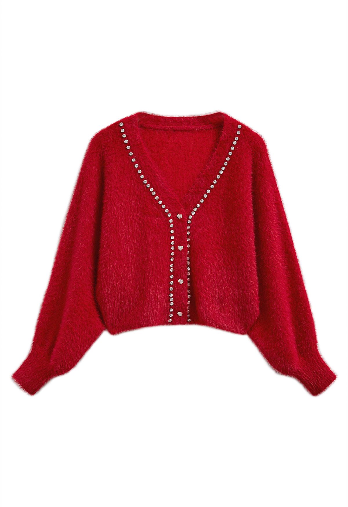 Rhinestone Decor Batwing Sleeve Crop Knit Cardigan