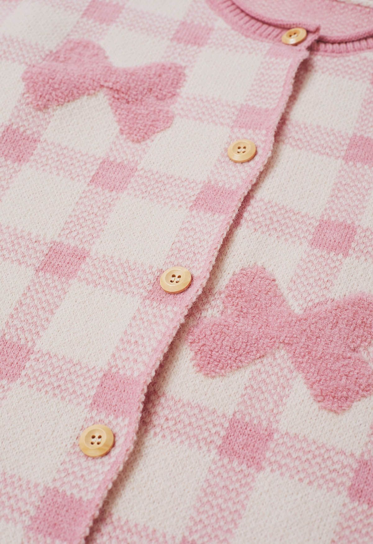 Bowknot Jacquard Check Buttoned Knit Cardigan in Pink