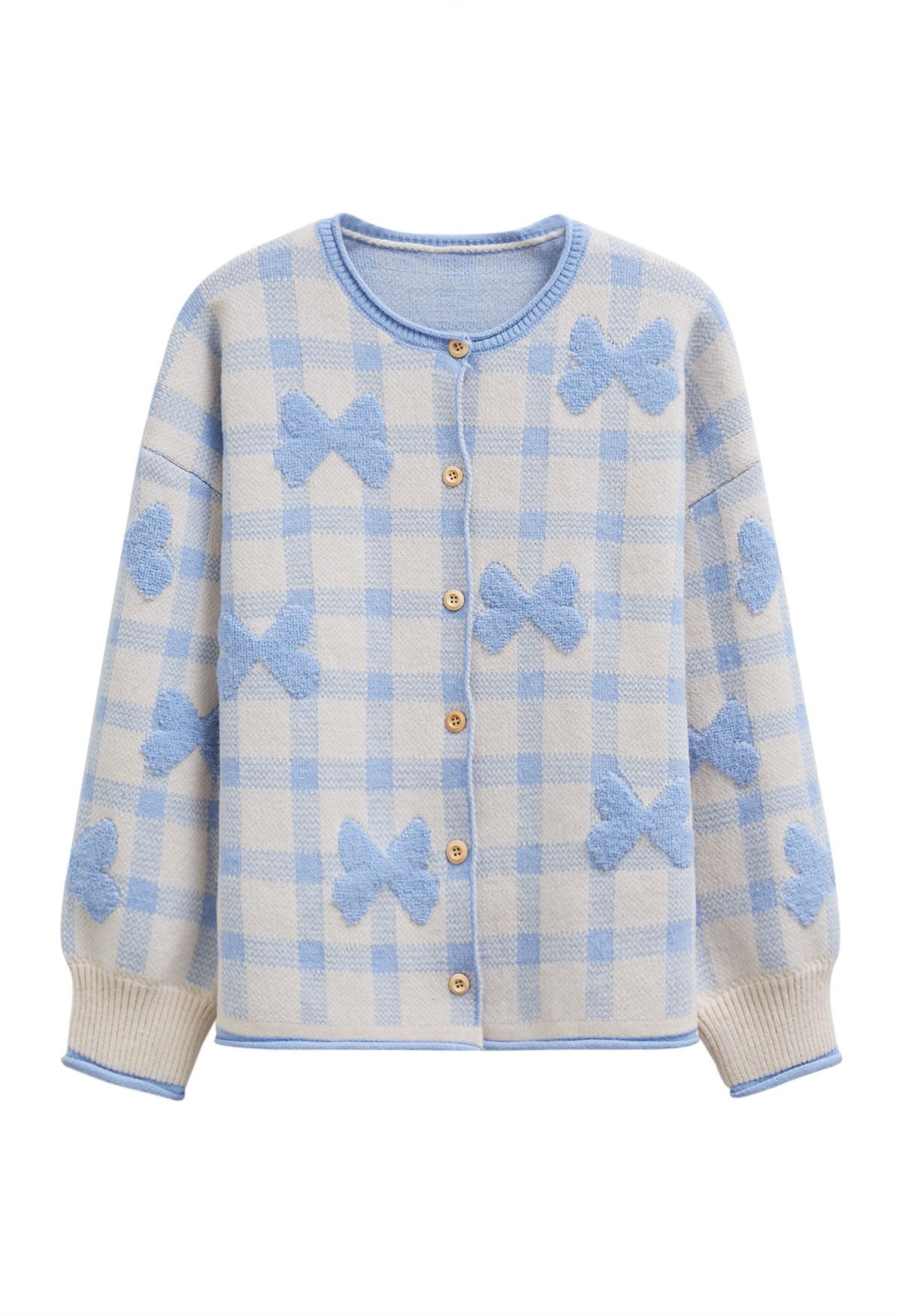 Bowknot Jacquard Check Buttoned Knit Cardigan in Baby Blue