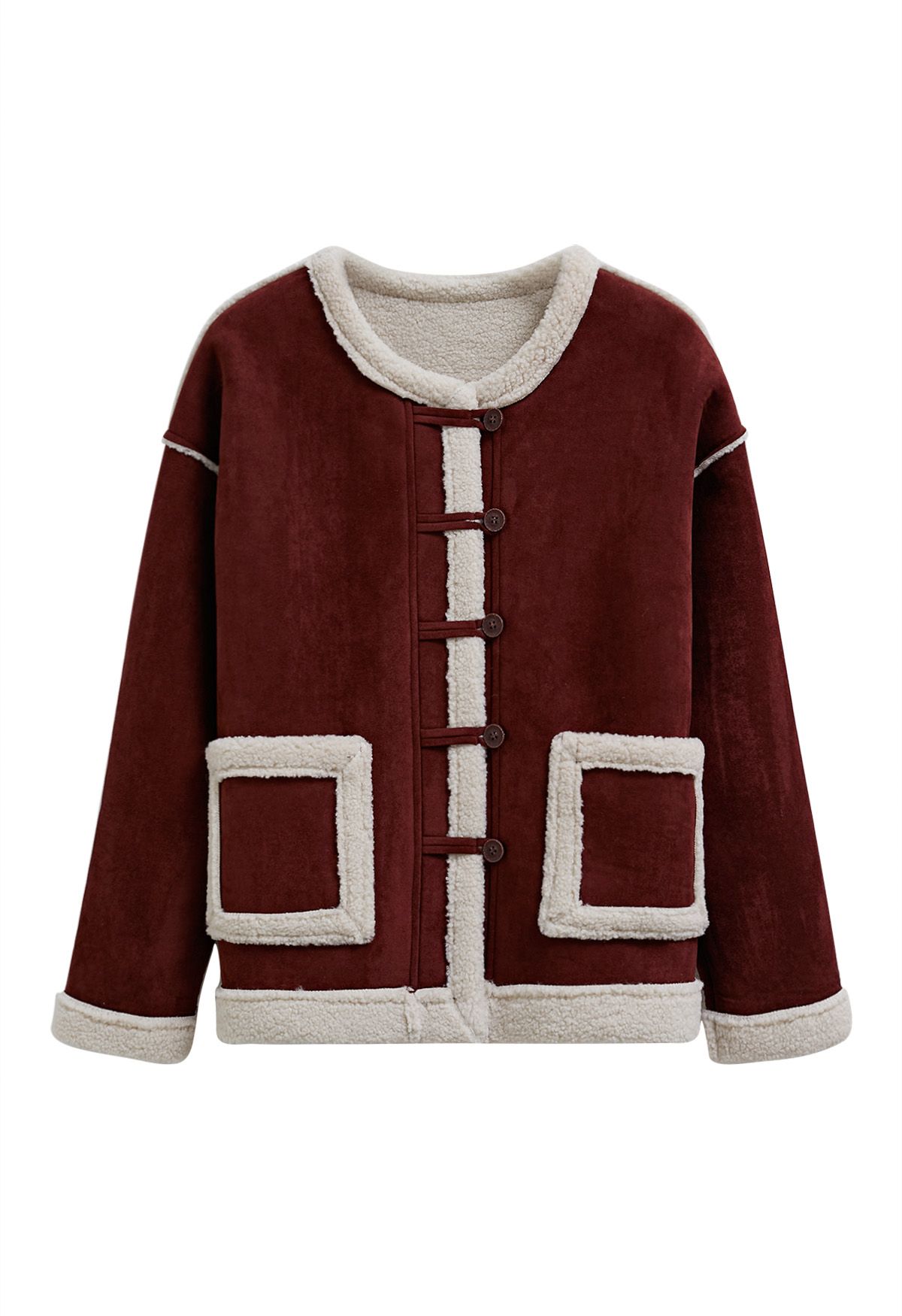 Faux Suede Spliced Sherpa Buttoned Coat in Burgundy