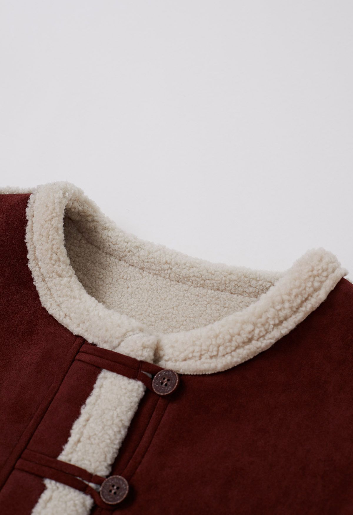 Faux Suede Spliced Sherpa Buttoned Coat in Burgundy