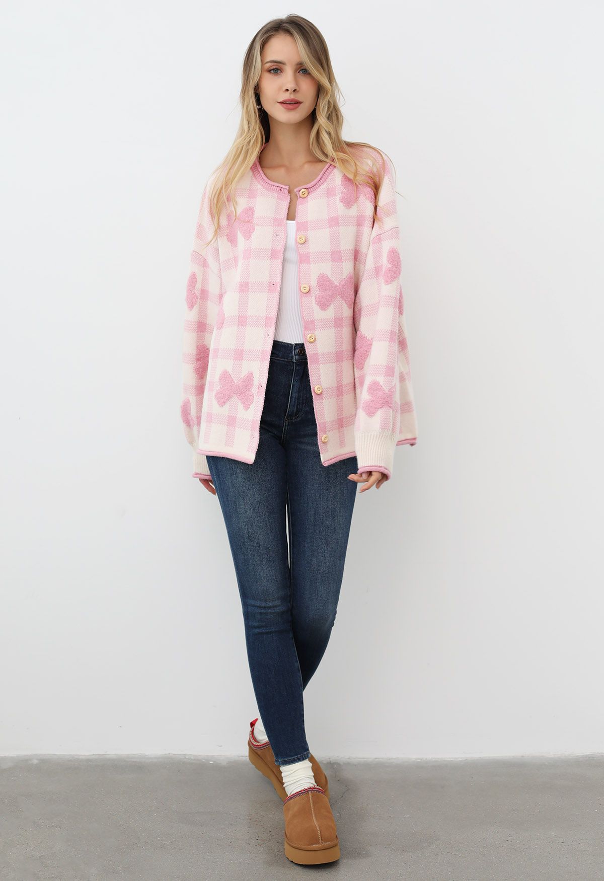 Bowknot Jacquard Check Buttoned Knit Cardigan in Pink