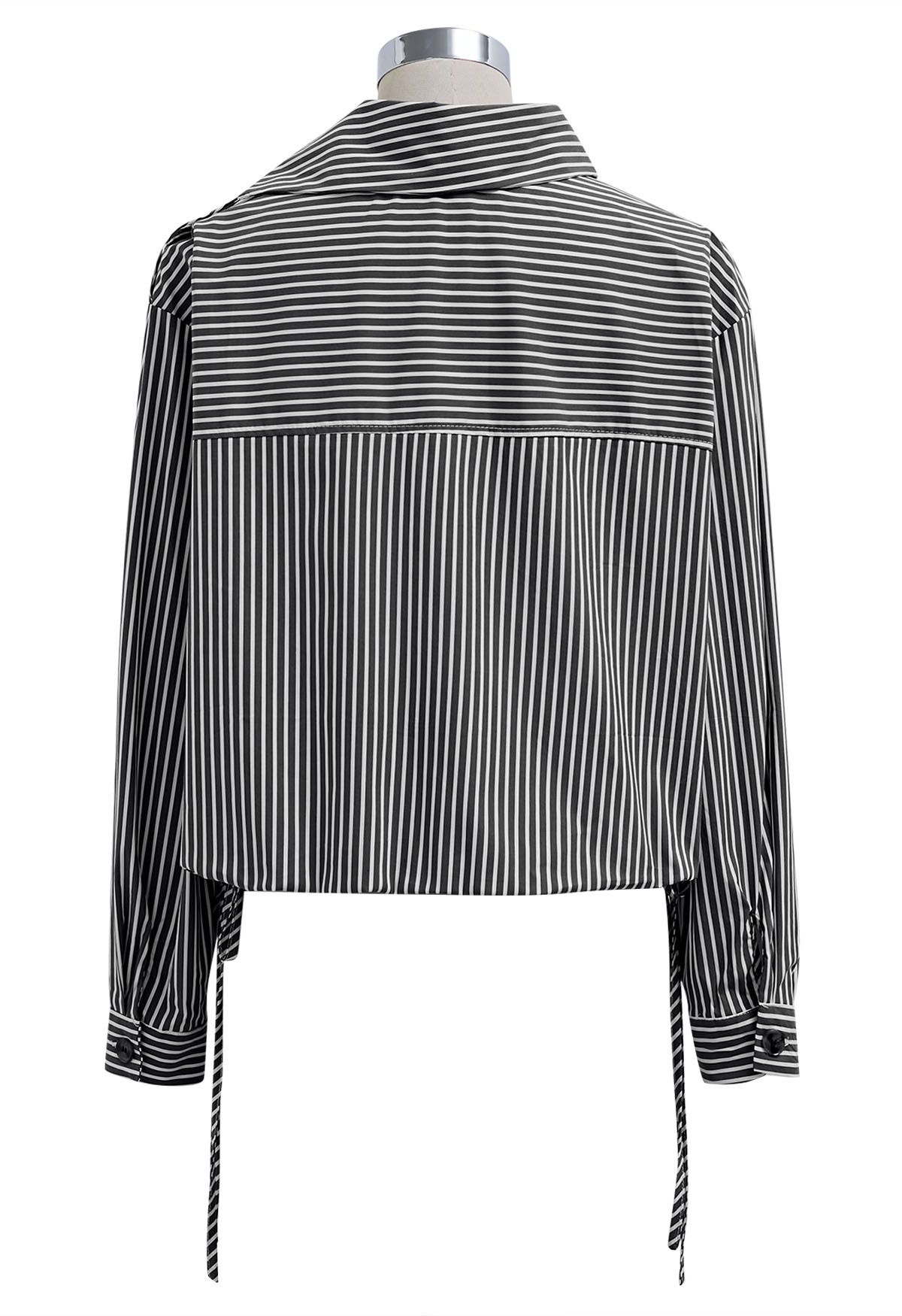 Buttoned Side Flap Collar Stripe Shirt in Black