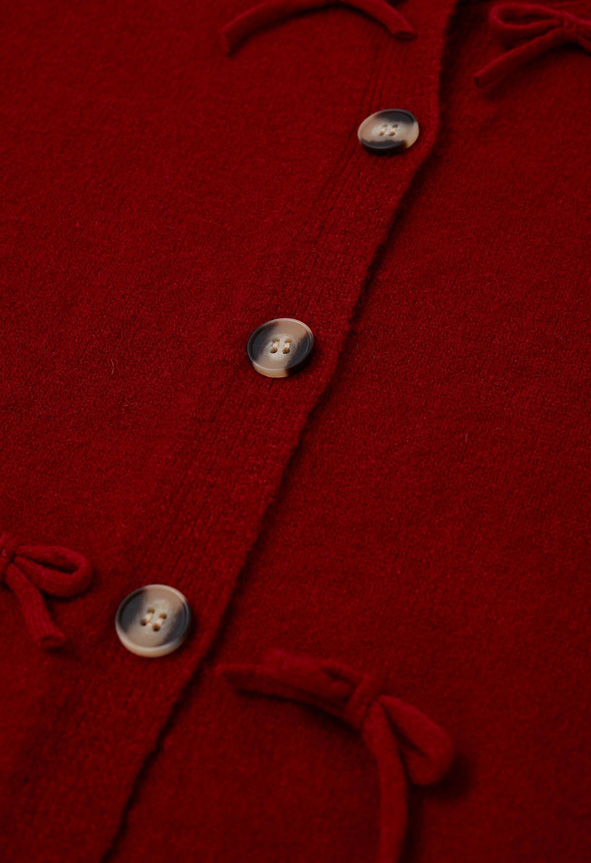 Adorable Bowknot Buttoned Knit Cardigan in Red