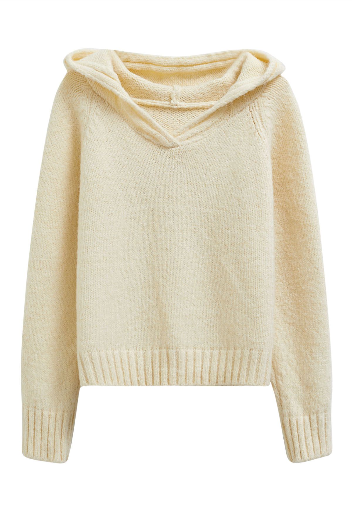 Relaxed-Fit Hooded Knit Sweater in Cream